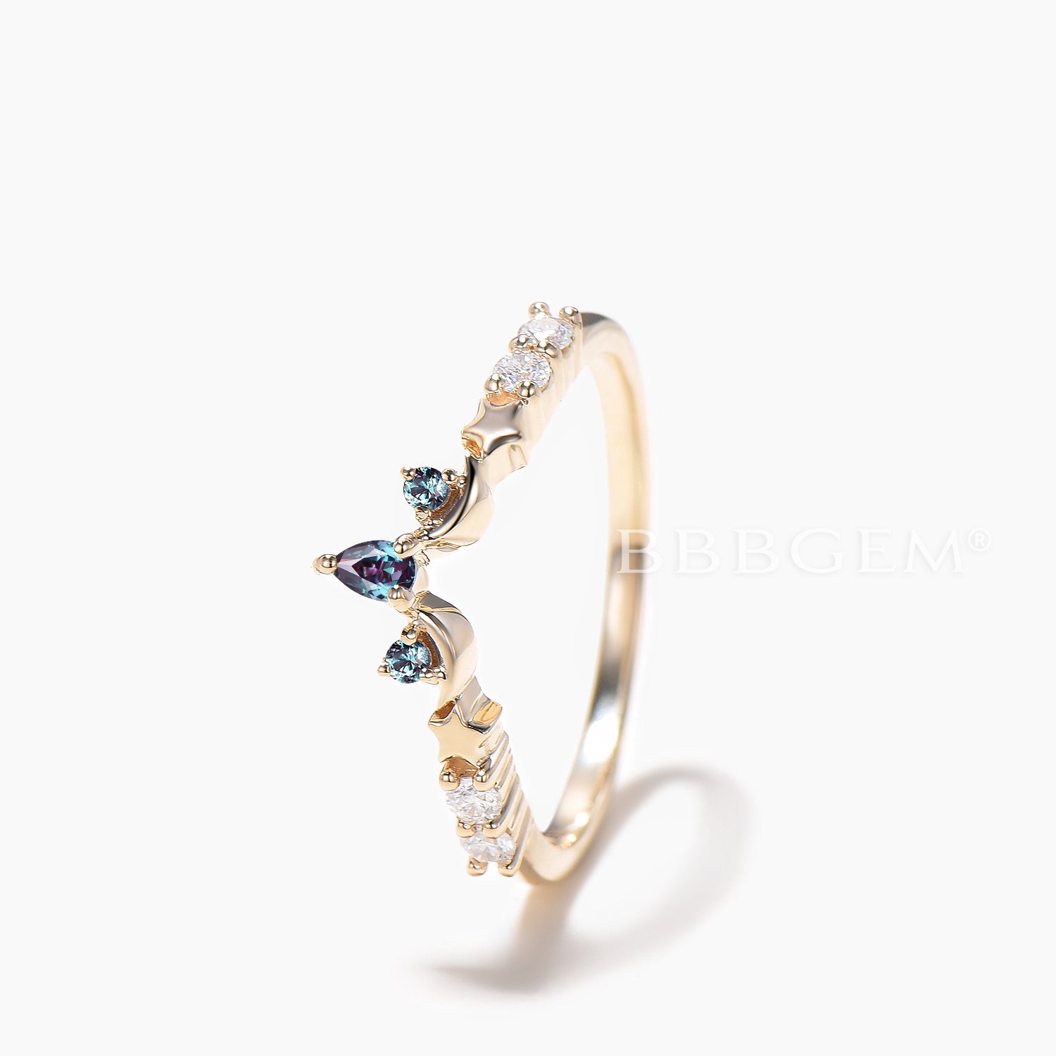 Teardrop Cut Color Changing Alexandrite Wedding Ring with Diamond Accents - Celestial Curved Band for Engagement, Anniversary & Special Occasions