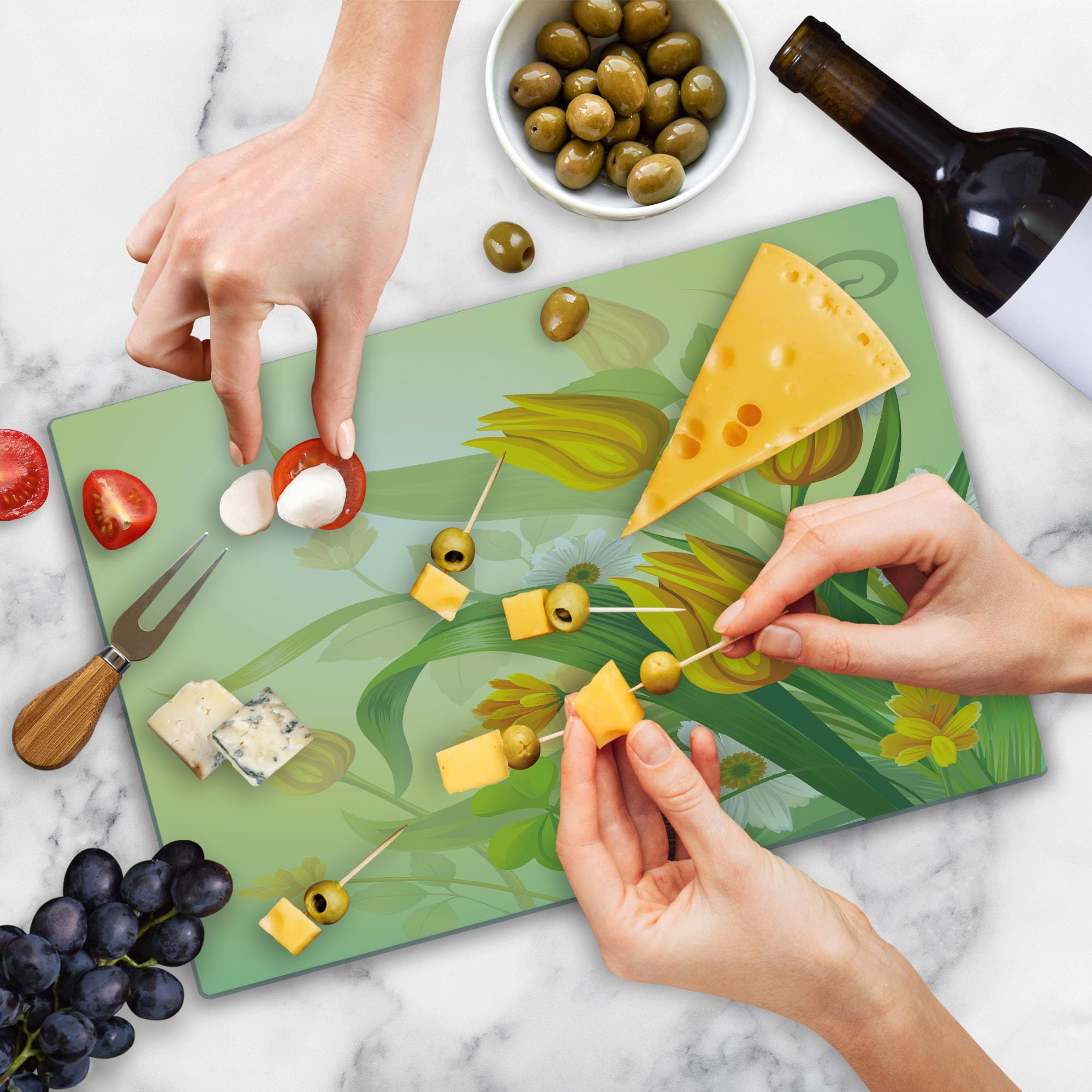 Lunarable Tulip Cutting Board - Tempered Glass Serving Tray with Fresh Spring Tulip & Chamomile Bouquet Design - Large Decorative Kitchen Board for Entertaining, Green & Yellow - Perfect for Cheese Platters, Charcuterie & Party Serving