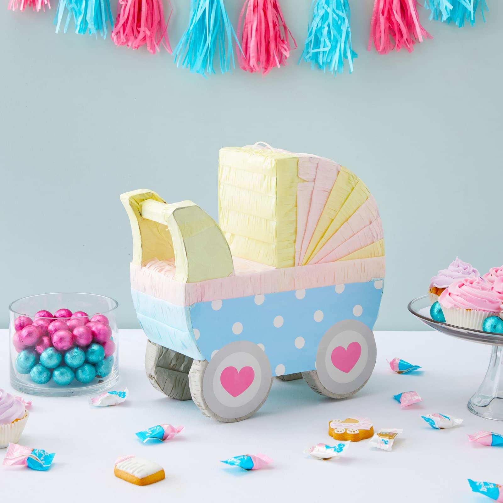 Blue Panda Small Baby Carriage Gender Reveal Piñata - Pastel Baby Shower Decorations (11.5
