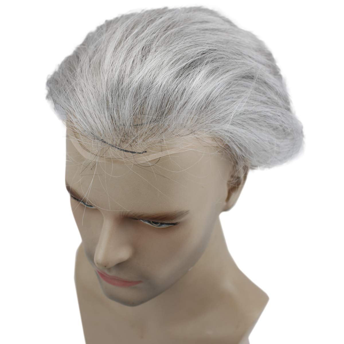 Dreambeauty Men's Toupee 10×8 Inch - European Virgin Human Hair & Synthetic Blend (10% #1B/90% White) - Thin Skin Hair Replacement System with Monofilament Net & PU Base - Natural Look for Baldness & Thinning Hair - Perfect for Daily Wear, Special Occasions & Professional Settings