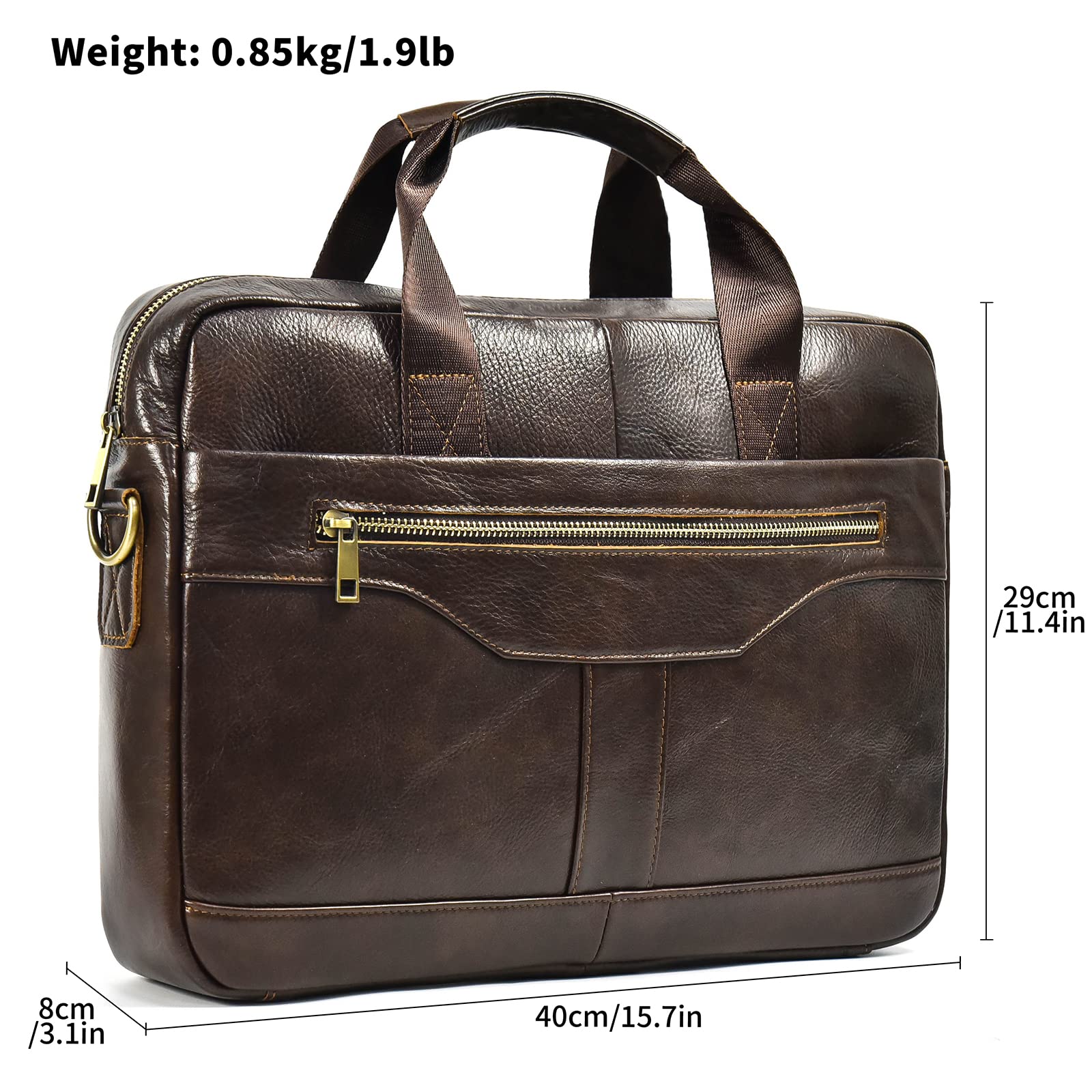 Premium Genuine Leather Briefcase for Men - 15.6 Inch Business Laptop Bag with Adjustable Shoulder Strap - Professional Work & Travel Handbag for Office, Commuting & Business Trips