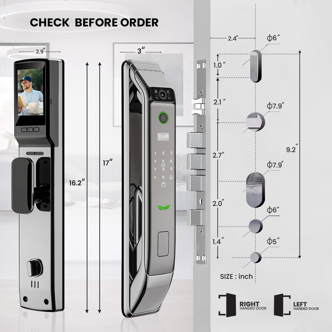 Smart Wi-Fi Door Lock with 3D Face Recognition, Fingerprint, Passcode, IC Card & Key - Video Doorbell & Intercom, Keyless Mortise Lock - USmart App Compatible for Home Security & Smart Access Control - Perfect for Apartments, Vacation Homes & Airbnb Rentals