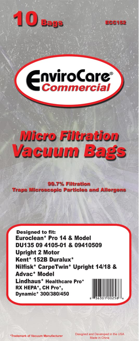 EnviroCare Premium Vacuum Cleaner Bags - 10 Pack | Compatible with Euroclean Pro, Kent, Nilfisk, Advac & Lindhaus Upright Vacuums | HEPA Filtration | Ideal for Home Cleaning, Pet Hair Removal & Allergen Reduction
