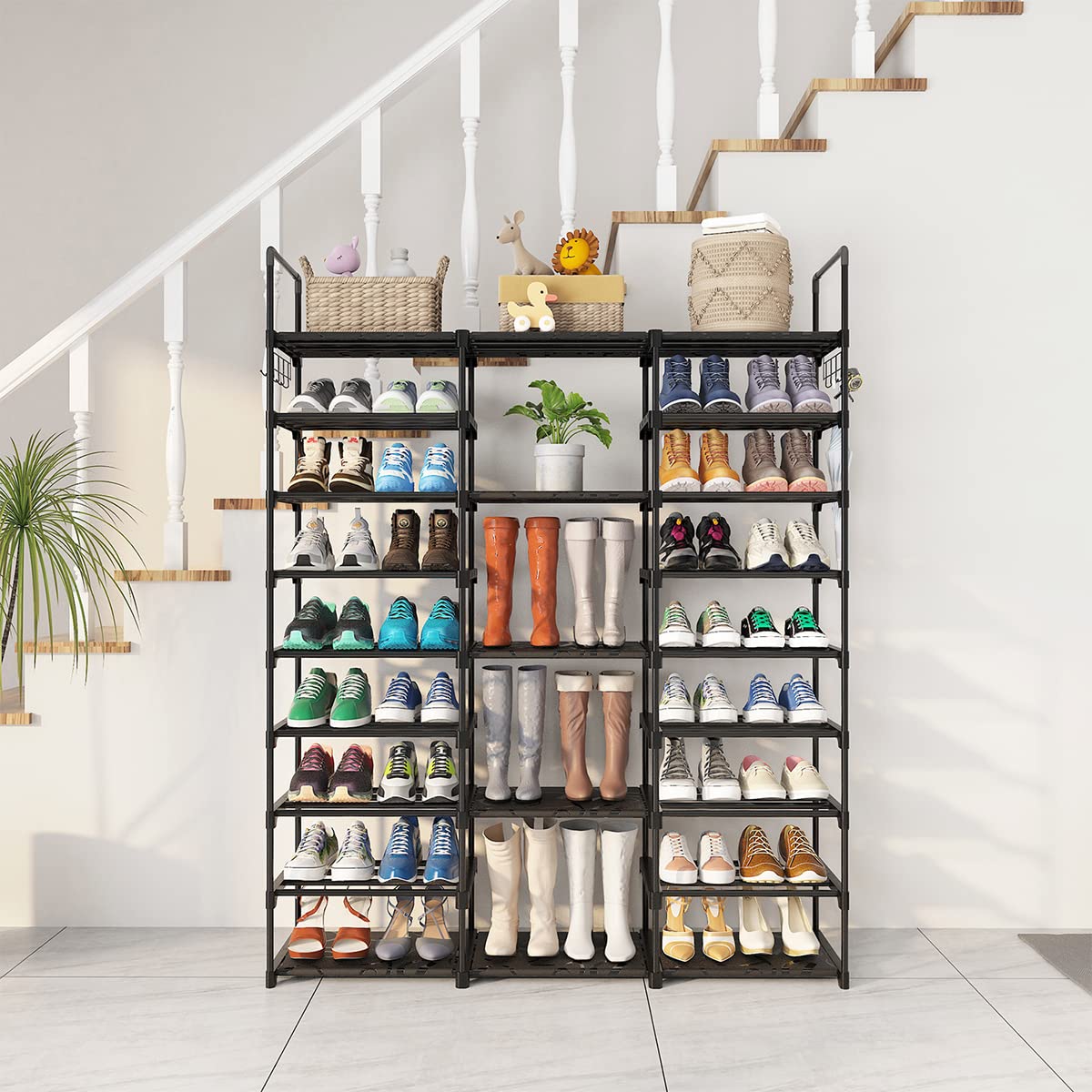 9-Tier Large Metal Shoe Rack Organizer - Holds 50-55 Pairs of Shoes & Boots with Side Hooks - Space Saving Shoe Storage Shelf for Entryway, Garage, Living Room, Closet & Bedroom Organization