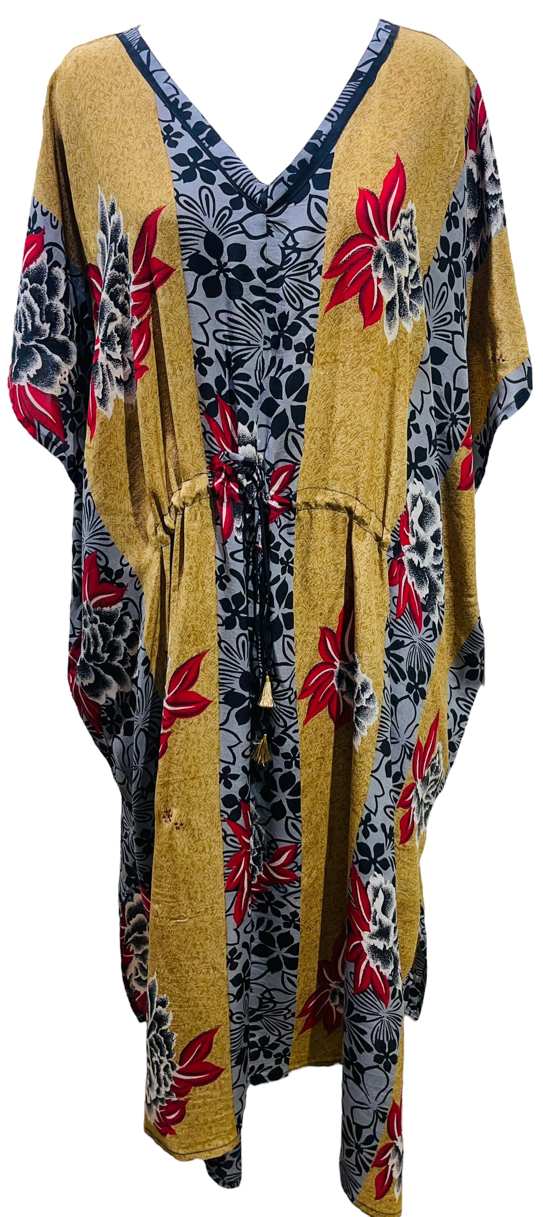PRC5647A Avatar Pure Silk Maxi Kaftan Dress - Elegant Long Boho Kimono Cover Up for Women - Perfect for Beach, Pool, Vacation & Summer Evenings