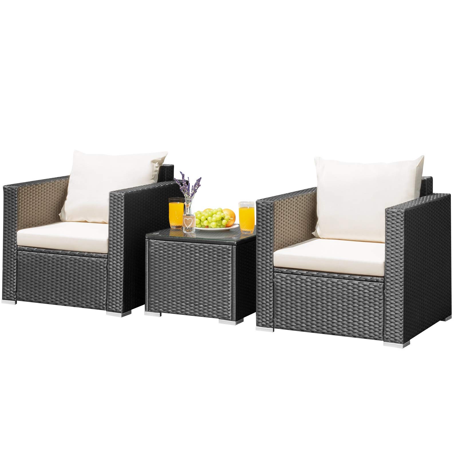 Happygrill 3-Piece Outdoor Patio Furniture Set - Rattan Wicker Sofa with Coffee Table & Cushions - Garden, Balcony, Porch, Poolside Conversation Set for Relaxing & Entertaining
