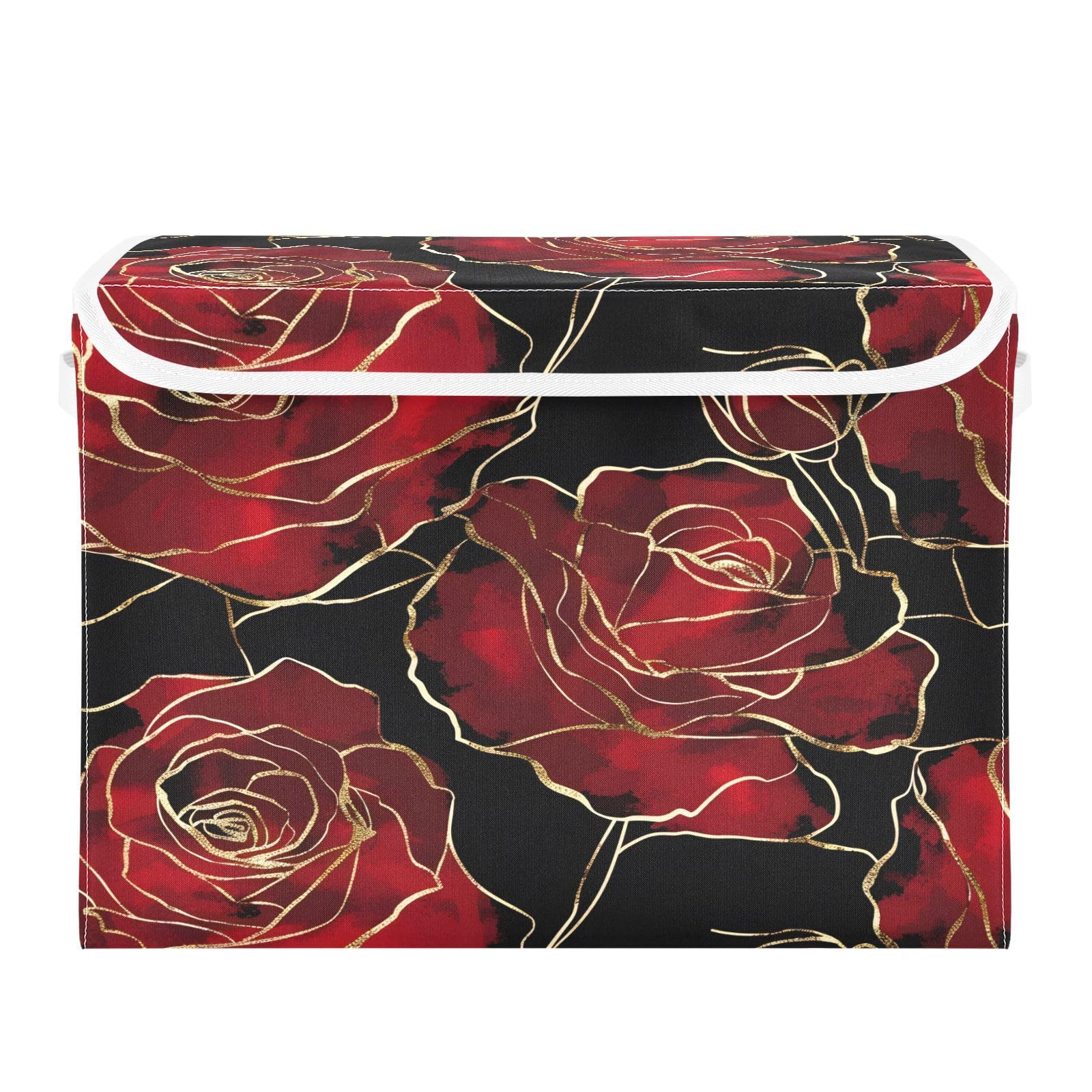 Golden Red Rose Fabric Foldable Storage Bins with Lids - Collapsible Organizer Baskets for Home, Bedroom, Closet & Office - Perfect for Clothes, Toys, Blankets & Home Organization
