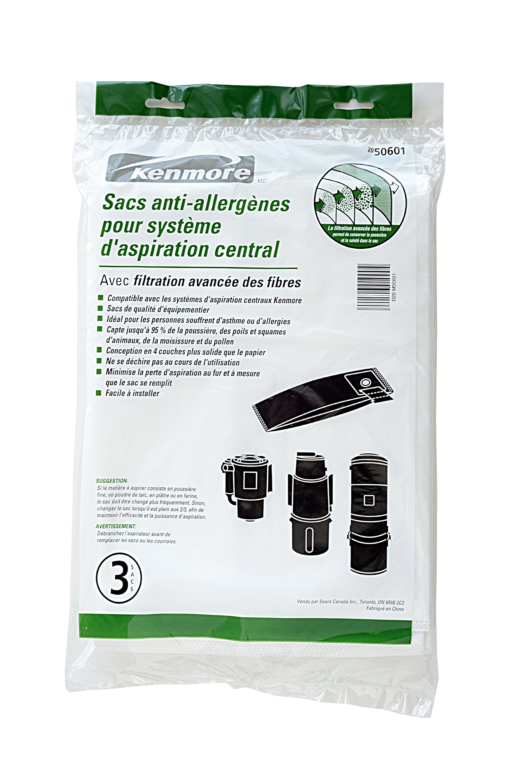 Genuine Kenmore 50601 Allergen Central Vacuum Cleaner Bags - 3 Pack | Synthetic HEPA Filtration for Dust, Pollen & Pet Hair | Perfect for Allergy Sufferers & Pet Owners