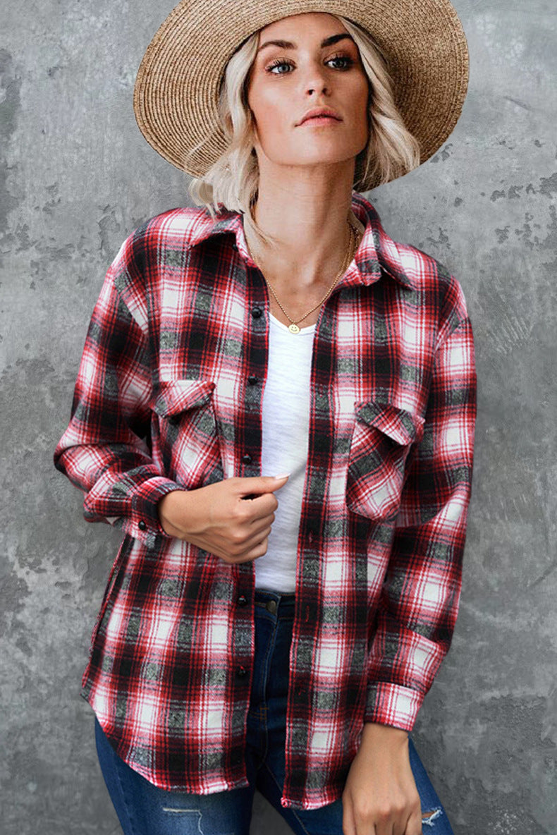 Women's Plaid Shirt Spring Loose Fit Mid-Length Blouse with Turndown Collar - Casual Outfit for Work, Dating & Everyday Wear