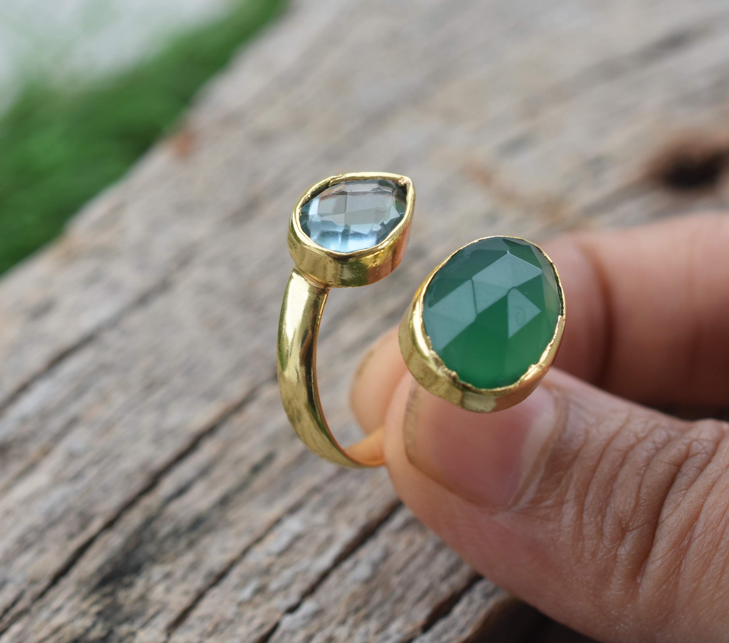 18K Gold Plated Green Onyx & Blue Topaz Ring for Women | Elegant Gemstone Jewelry | Perfect Birthday Gift & Bridesmaid Present | VR-085 | Wear for Special Occasions, Date Nights & Formal Events