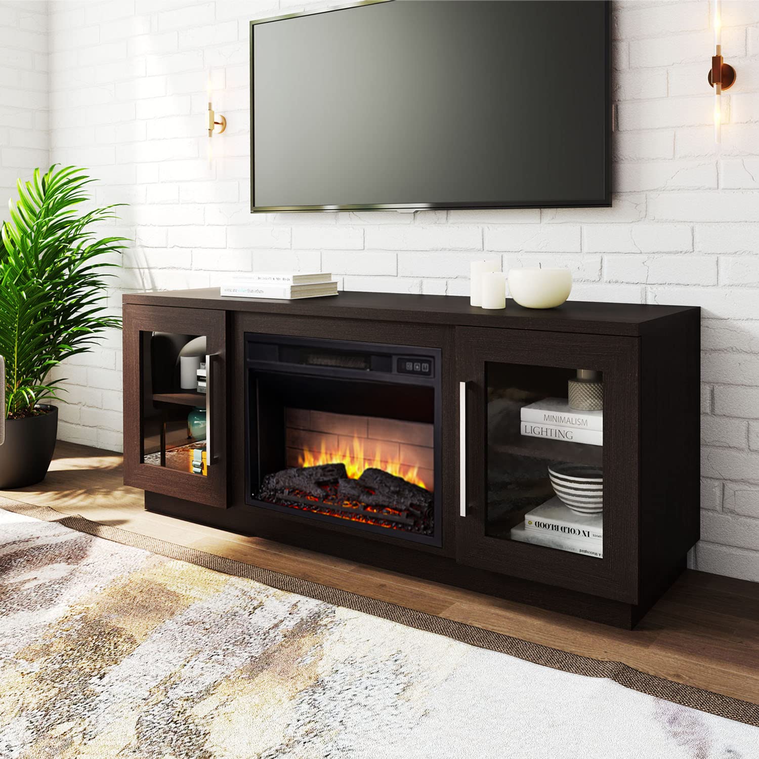 Cheerway 65 Inch TV Stand with Electric Fireplace - Wooden Entertainment Center with 6 Storage Shelves, Barn Doors & Remote Control - Adjustable Flame for Living Room, Bedroom & Home Theater Setup