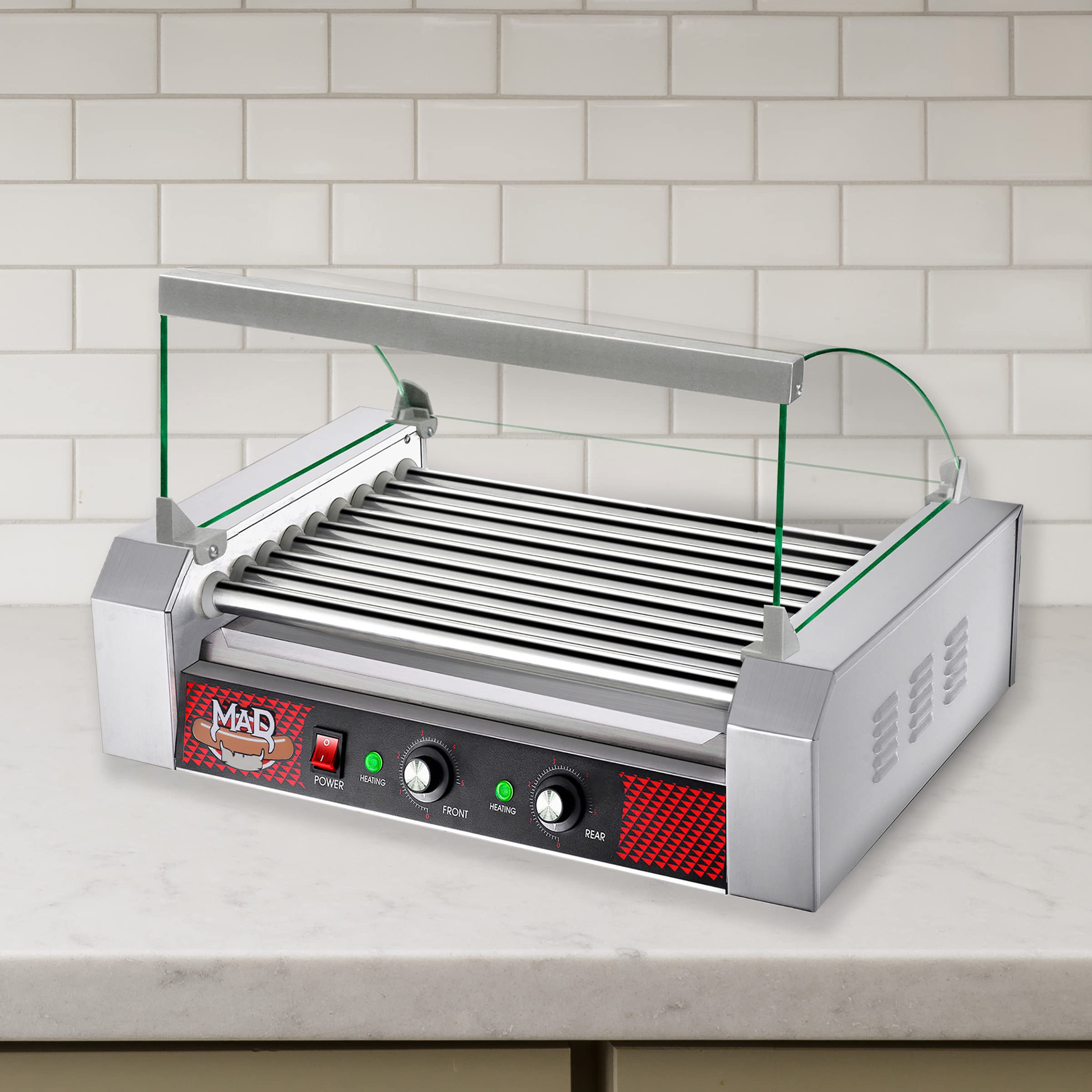 9 Roller Commercial Hot Dog Machine with Tempered Glass Cover - Countertop Hot Dog Roller Cooker for 24 Hotdogs, Brats & Sausages - Perfect for Restaurants, Food Trucks & Concession Stands