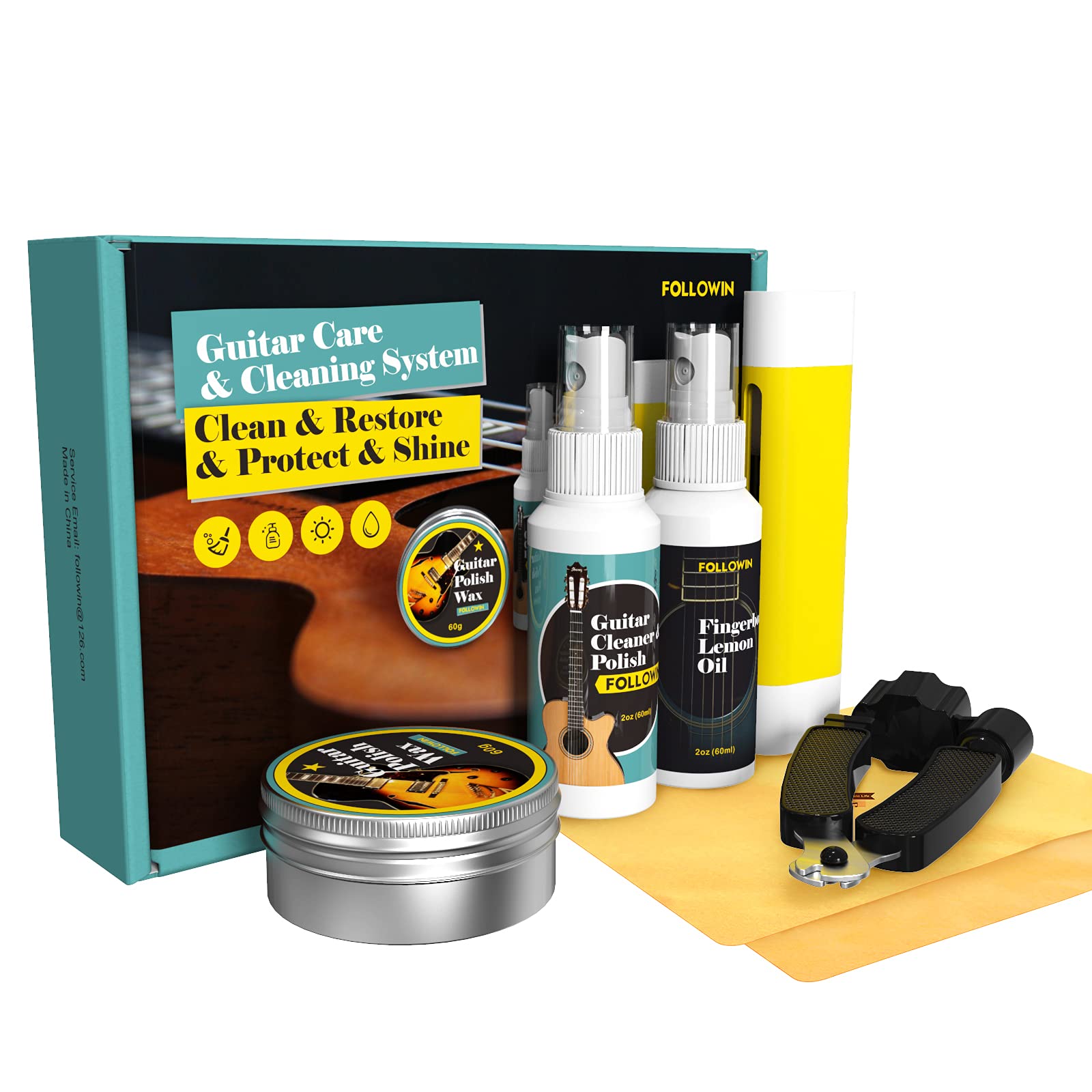 FOLLOWIN 7-Piece Guitar Cleaning & Maintenance Kit - Polish, Lemon Oil, String Cleaner, Lubricant, Wax, Winder & Microfiber Cloth - Perfect for Acoustic & Electric Guitar Care & Protection