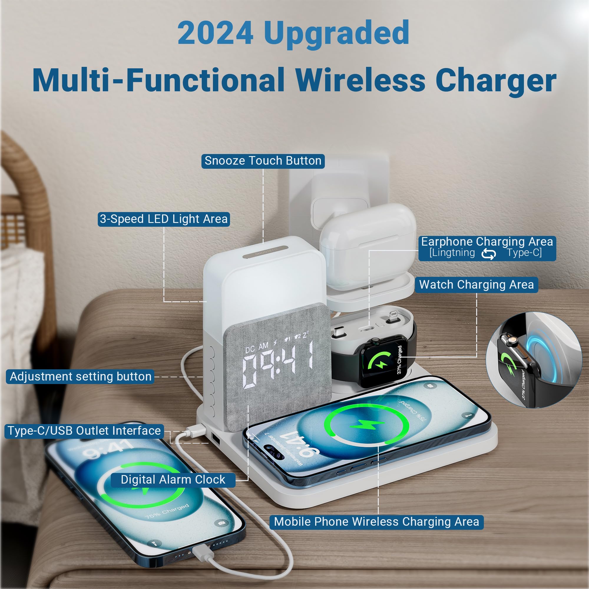 6-in-1 Wireless Charging Station with MagSafe 18W Fast Charging | Alarm Clock & Night Light | Compatible with iPhone 16/15/14/13/12/11/X/Pro Max, Apple Watch & AirPods | Perfect for Bedside, Office & Travel Charging