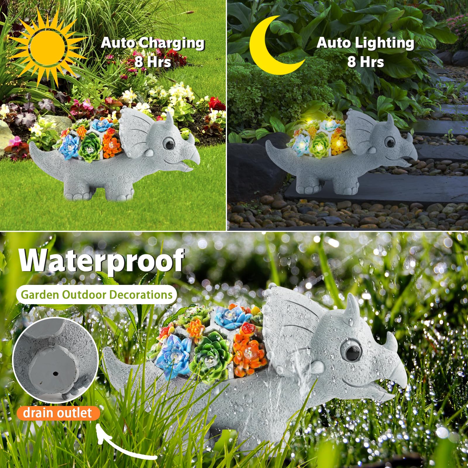 Solar Dinosaur Garden Statues with LED Lights & Succulent Planter - Outdoor Lawn Decor for Patio, Balcony, Yard - Unique Housewarming & Birthday Gifts for Women, Mom, Grandma - Perfect for Garden Themed Parties & Dinosaur Lovers