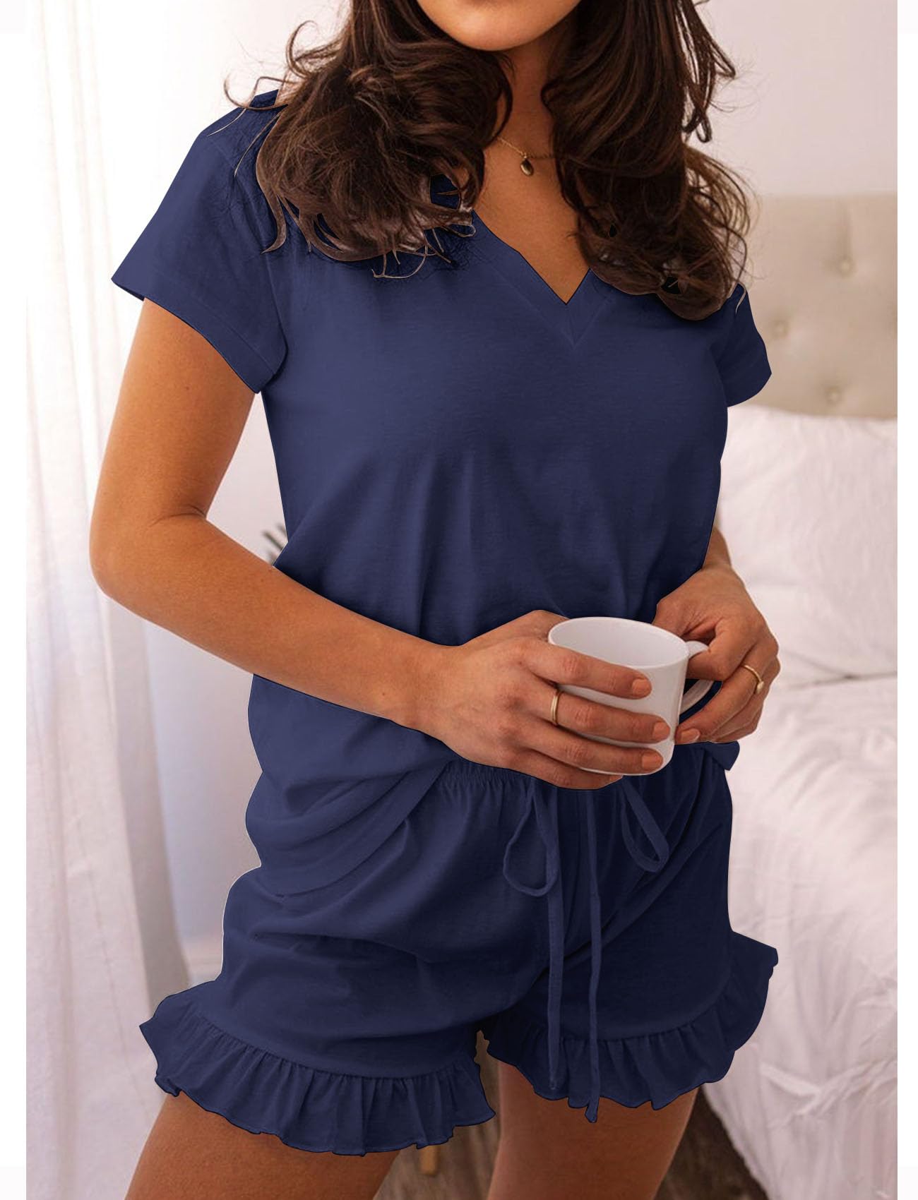 LuckyMore Women's Soft Short Sleeve V-Neck Pajama Set - Breathable Lounge Sleepwear with Comfortable Shorts for Summer Nights & Relaxing at Home