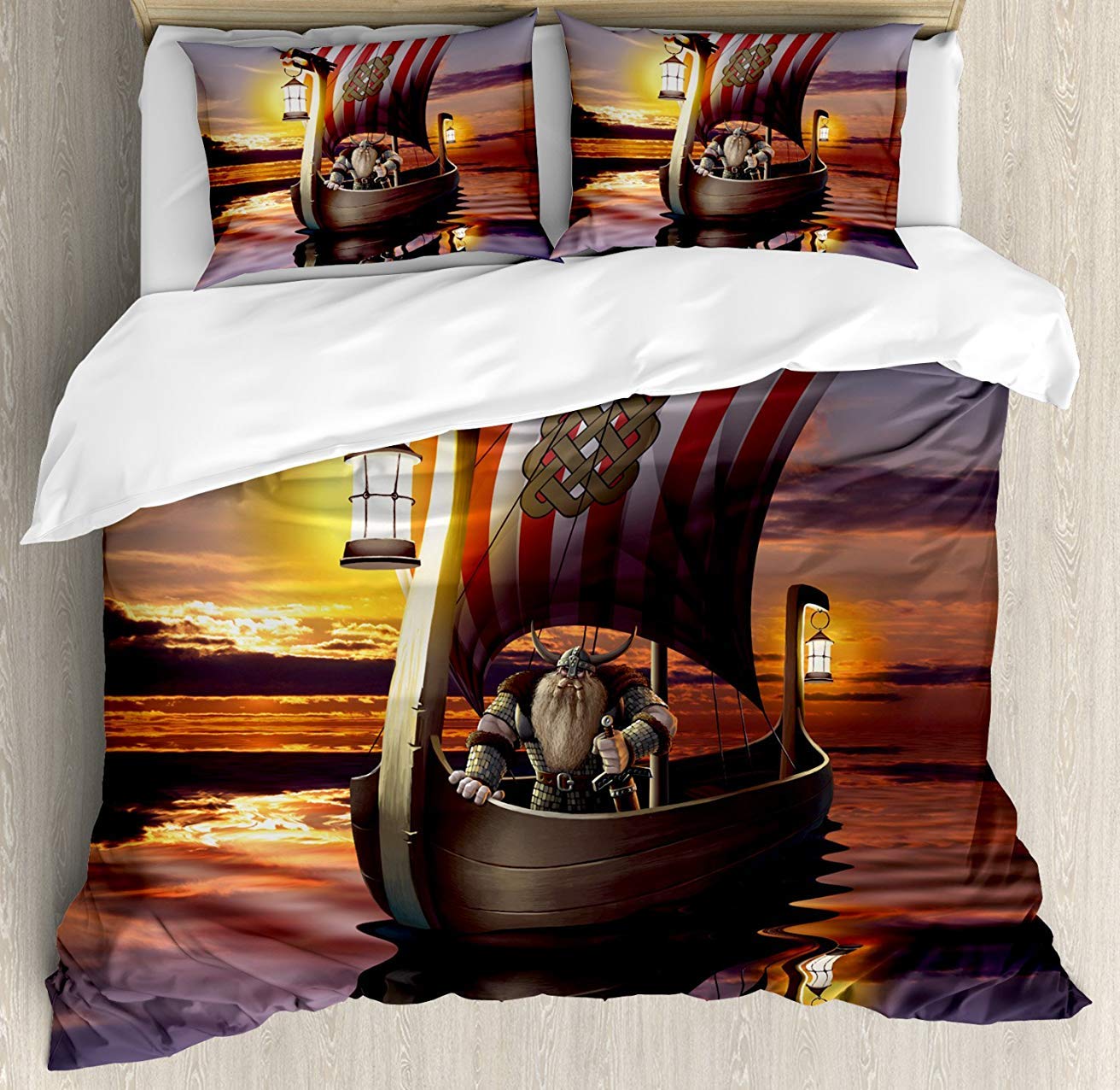 Viking 3-Piece Full Bedding Set - Nordic Warrior Ship Design Comforter, Duvet Cover & 2 Pillowcases for Kids, Teens & Adults - Perfect for Themed Bedrooms, Dorm Rooms & Cozy Home Decor