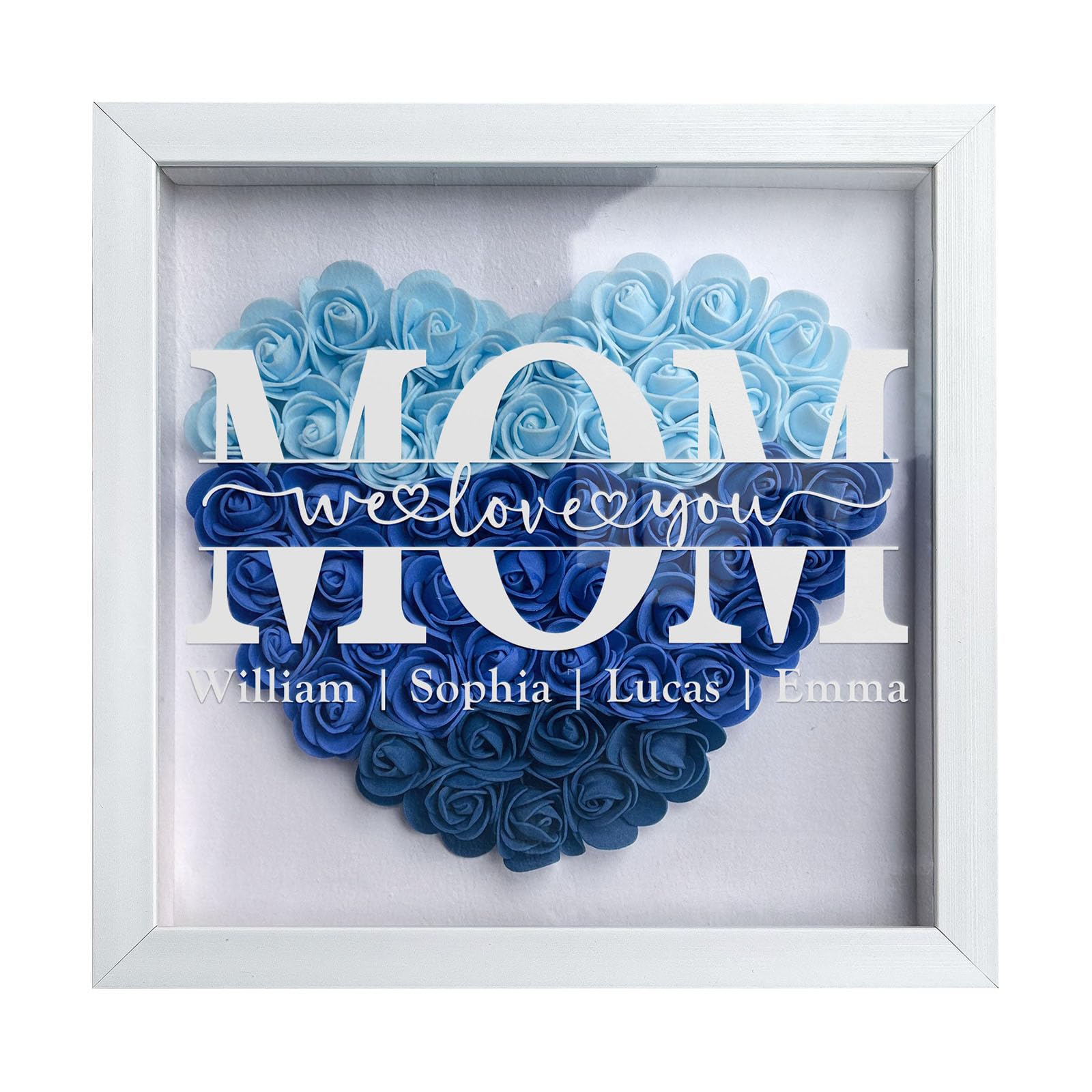 Personalized Heart Shaped Flower Shadow Box - Custom Name Frame for Mom, Grandma & Family - Mother's Day, Valentine's Day, Anniversary & Birthday Gift (10x10in/25x25cm) - Perfect for Home Decor, Nursery Wall Art & Sentimental Keepsakes