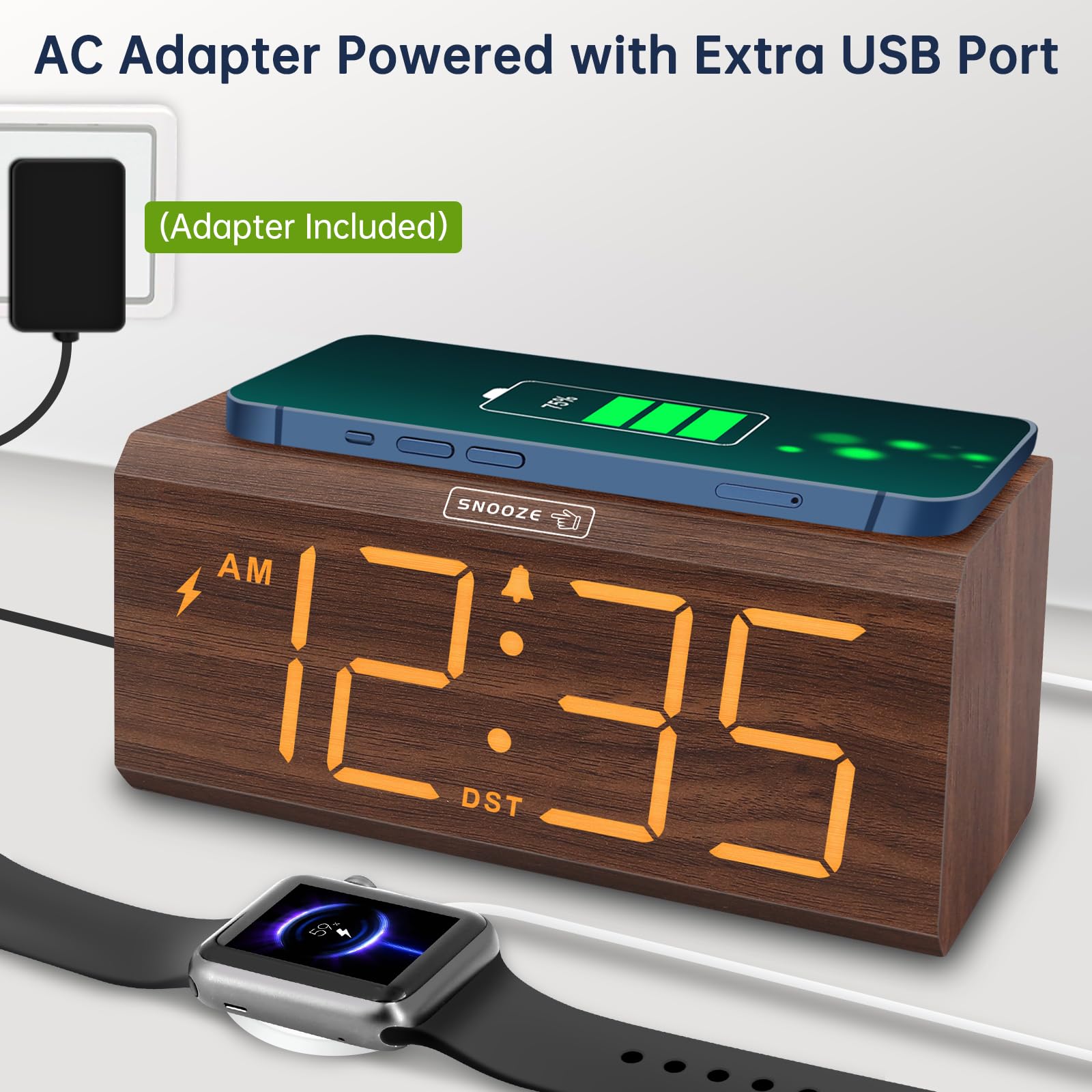 DreamSky Wooden Digital Alarm Clock with Wireless Charging - USB Charger Station, Large Display, Adjustable Volume & Brightness for Bedroom Nightstand | Perfect for Home, Office, Travel & Gift Giving