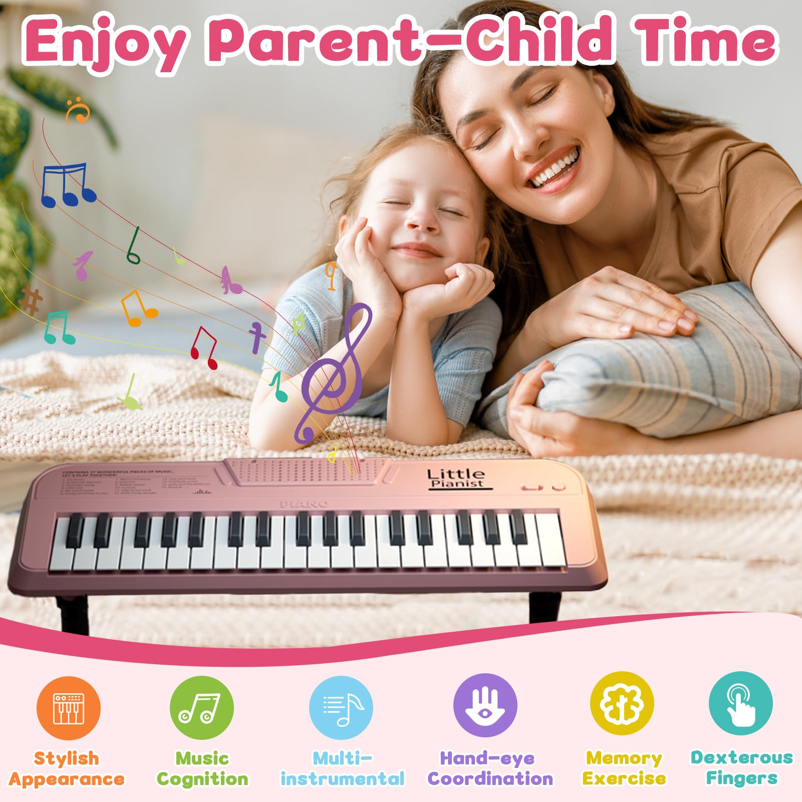 **37-Key Pink Kids Piano Keyboard Toy for Girls - Portable Electronic Musical Instrument with Music Stand & DIY Stickers - Best Birthday Gift for Toddlers Age 1-3 (Ideal for Home Play, Early Learning & Music Exploration)**