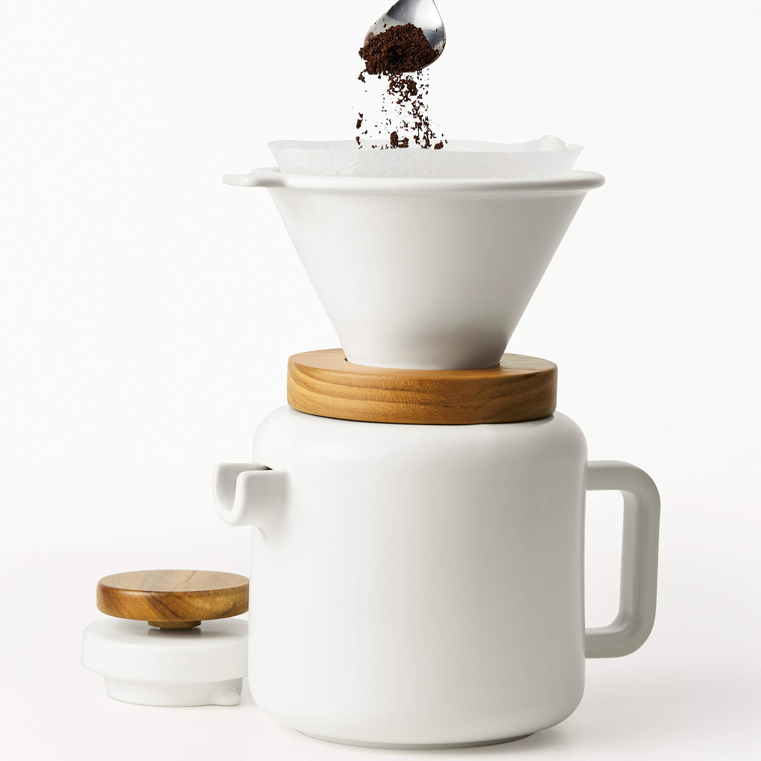 BonJour 4-Cup Pour Over Coffee Maker Set - Premium Stoneware Dripper with Glass Carafe - Matte White Design for Home Brewing & Office Use