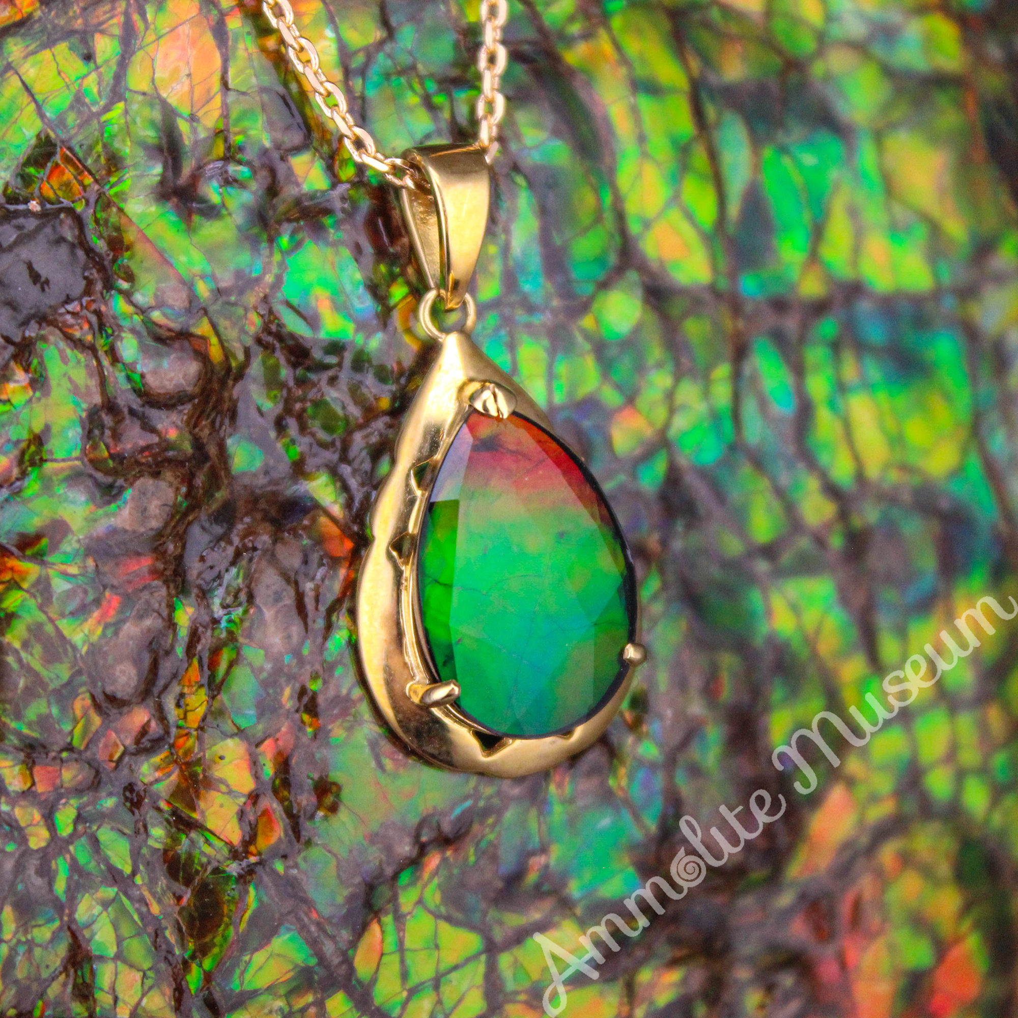 14K Gold Teardrop Ammolite Pendant Necklace - Natural Gemstone Jewelry for Women, Elegant Gift for Birthday, Anniversary & Special Occasions