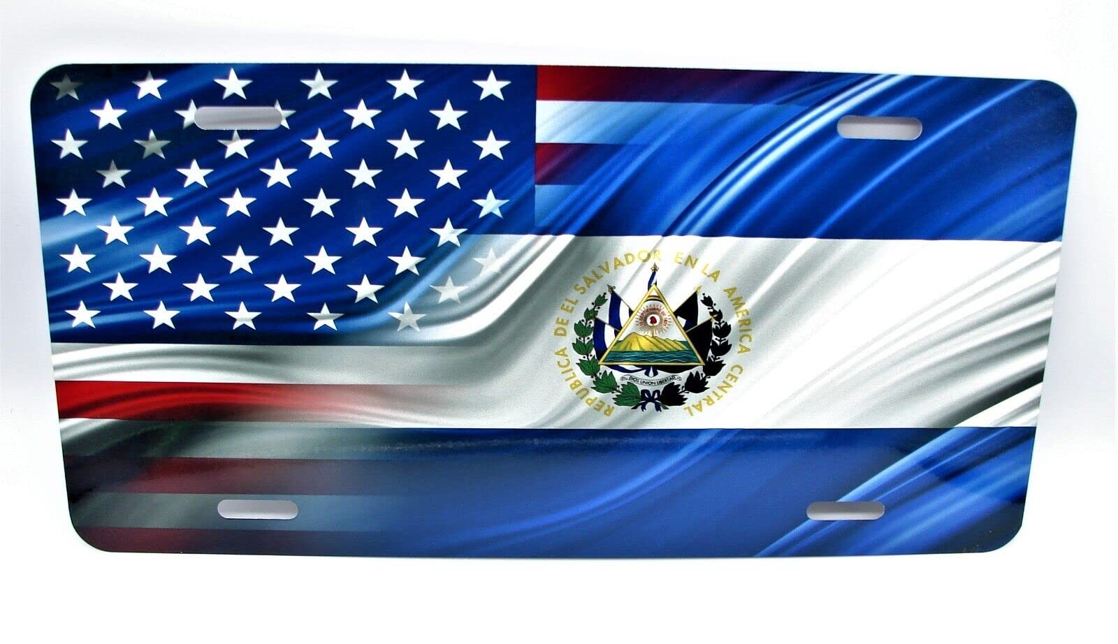El Salvador American Waving Flag Metal Car License Plate - Salvadoran Bandera Auto Tag for Vehicles, Man Cave, Room, Garage & Workshop Decor - Perfect for Patriotic Displays & Hispanic Heritage Celebrations