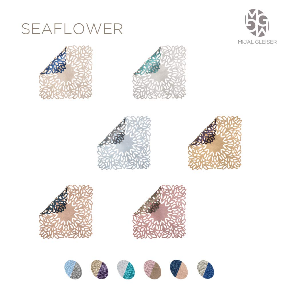 Mijal Gleiser Double Sided Laser Cut Placemats - Heat Resistant, Non Slip, Stain Proof Table Mats Set of 4 - Sea Flower Collection (Pewter-Rose) for Dining Table, Kitchen, Party Decor, and Home Entertaining