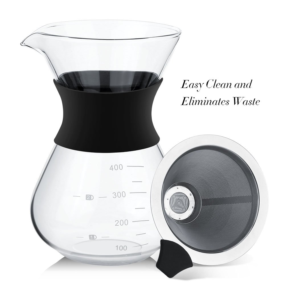Premium Manual Hand Drip Coffee Maker - Glass Carafe with Stainless Steel Filter for Pour Over Coffee - Perfect for Home, Office & Camping Brewing