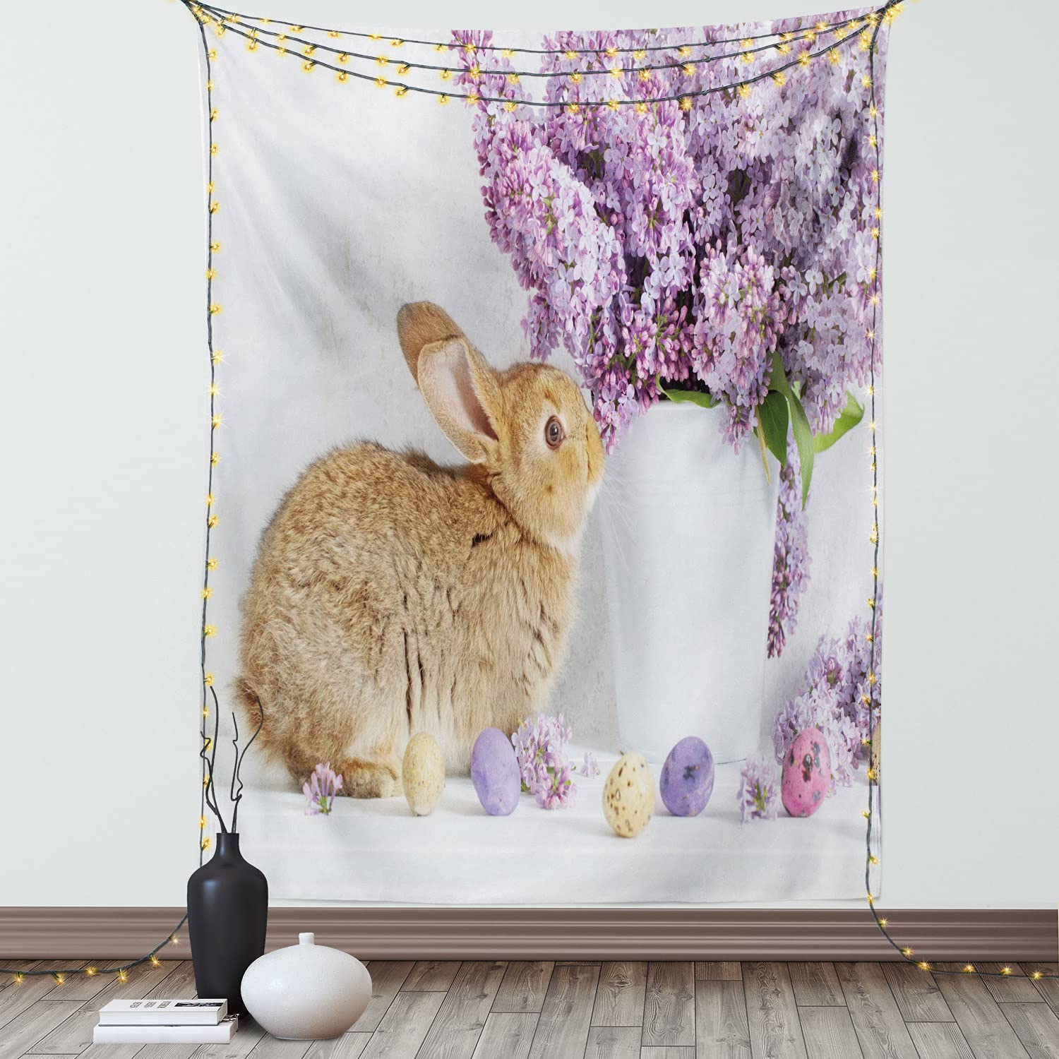 Ambesonne Easter Bunny Tapestry - Brown Rabbit with Lilac Flowers & Dyed Eggs Floral Design - Wall Hanging Decor for Bedroom, Living Room, Dorm - 40