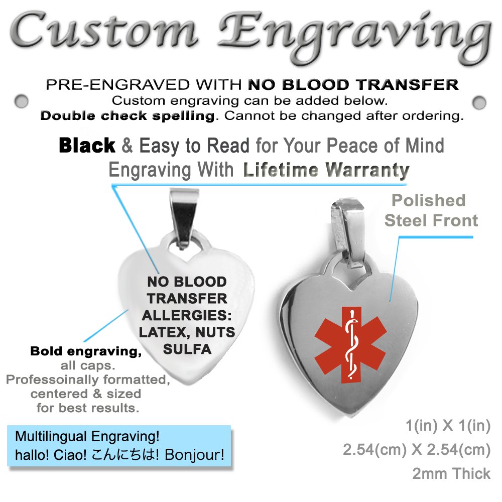 Custom Medical ID Heart Pendant Necklace - Stainless Steel for Safety & Style
