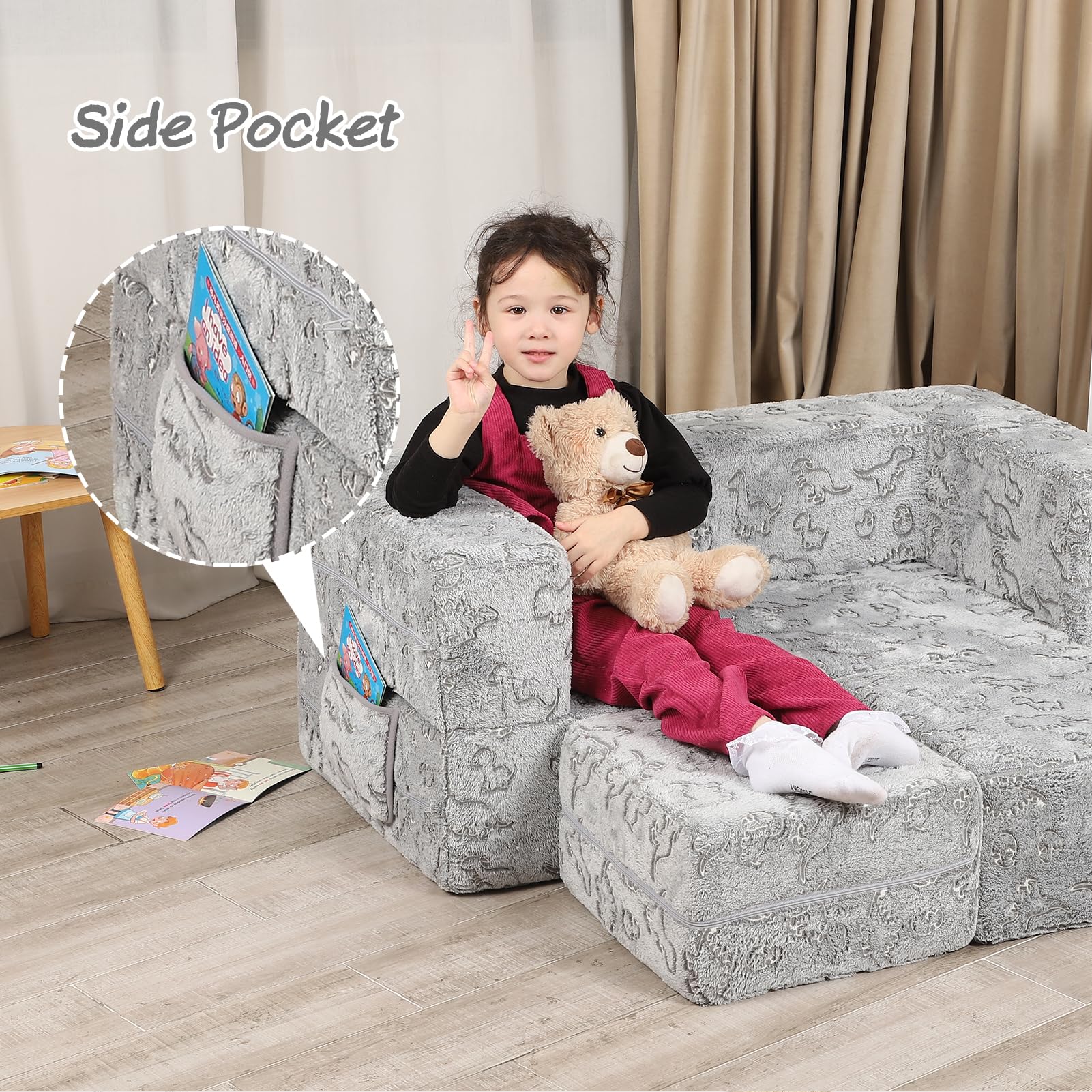 3-in-1 Glow in The Dark Kids Play Couch Set for Toddlers - Foldable Sofa with Storage, Soft Grey Children's Furniture for Playroom, Bedroom & Indoor Playtime