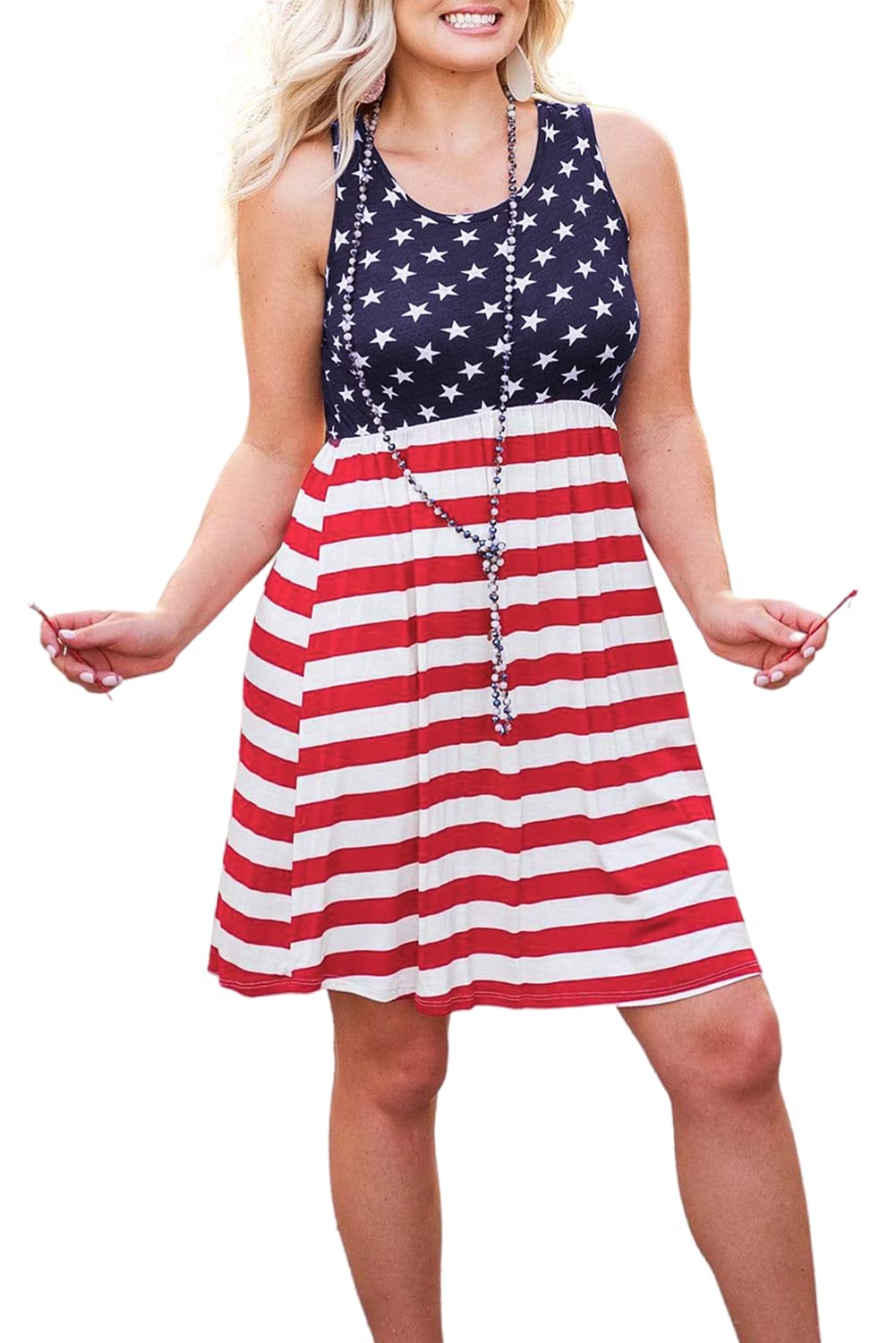Chvity Plus Size Women's Sleeveless American Flag Print Summer Dress - Stars & Stripes Patriotic Mini Dress for Independence Day, BBQ Parties & 4th of July Celebrations