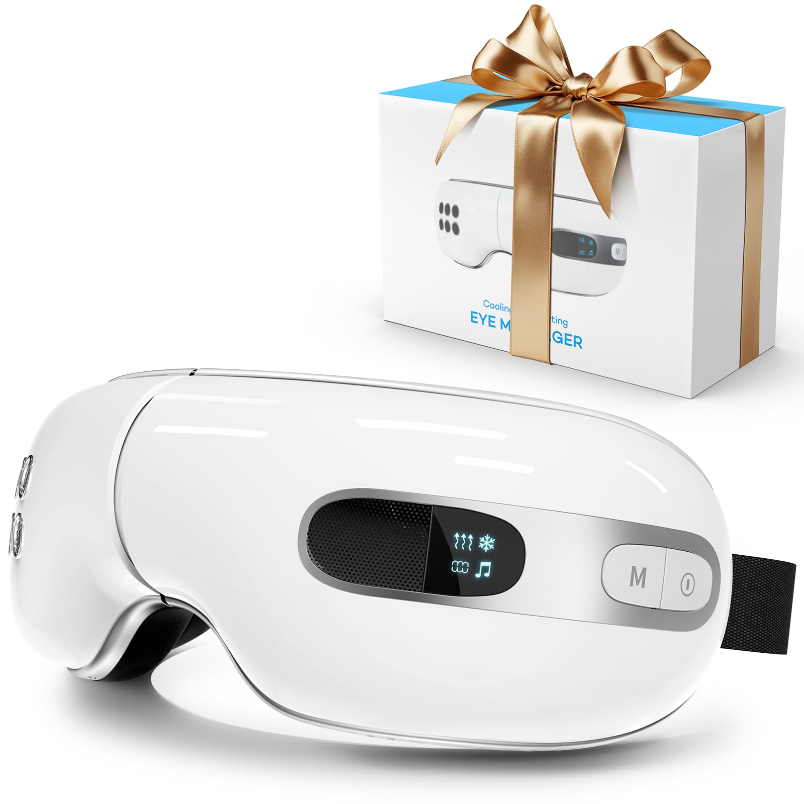 Heated & Cooling Eye Massager for Migraines, Eye Strain Relief, Dark Circles & Puffiness - Rechargeable Eye Mask for Dry Eyes & Better Sleep - Perfect Gift for Women & Men (White) - Use at Home, Office or Travel