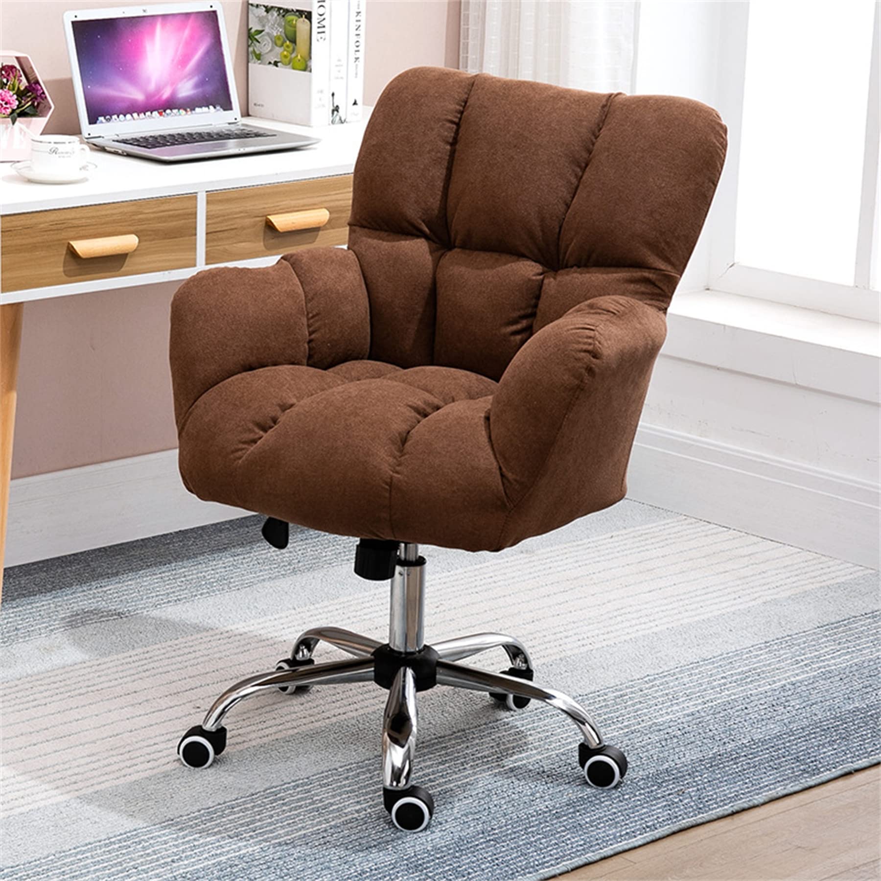 Ergonomic Adjustable Height Home Office Chair - Cotton Linen Computer Desk Chair with Mid Back Support, Modern Swivel Executive Chair with Steel Base for Home, Work & Office Use | Perfect for Long Working Hours & Video Conferencing