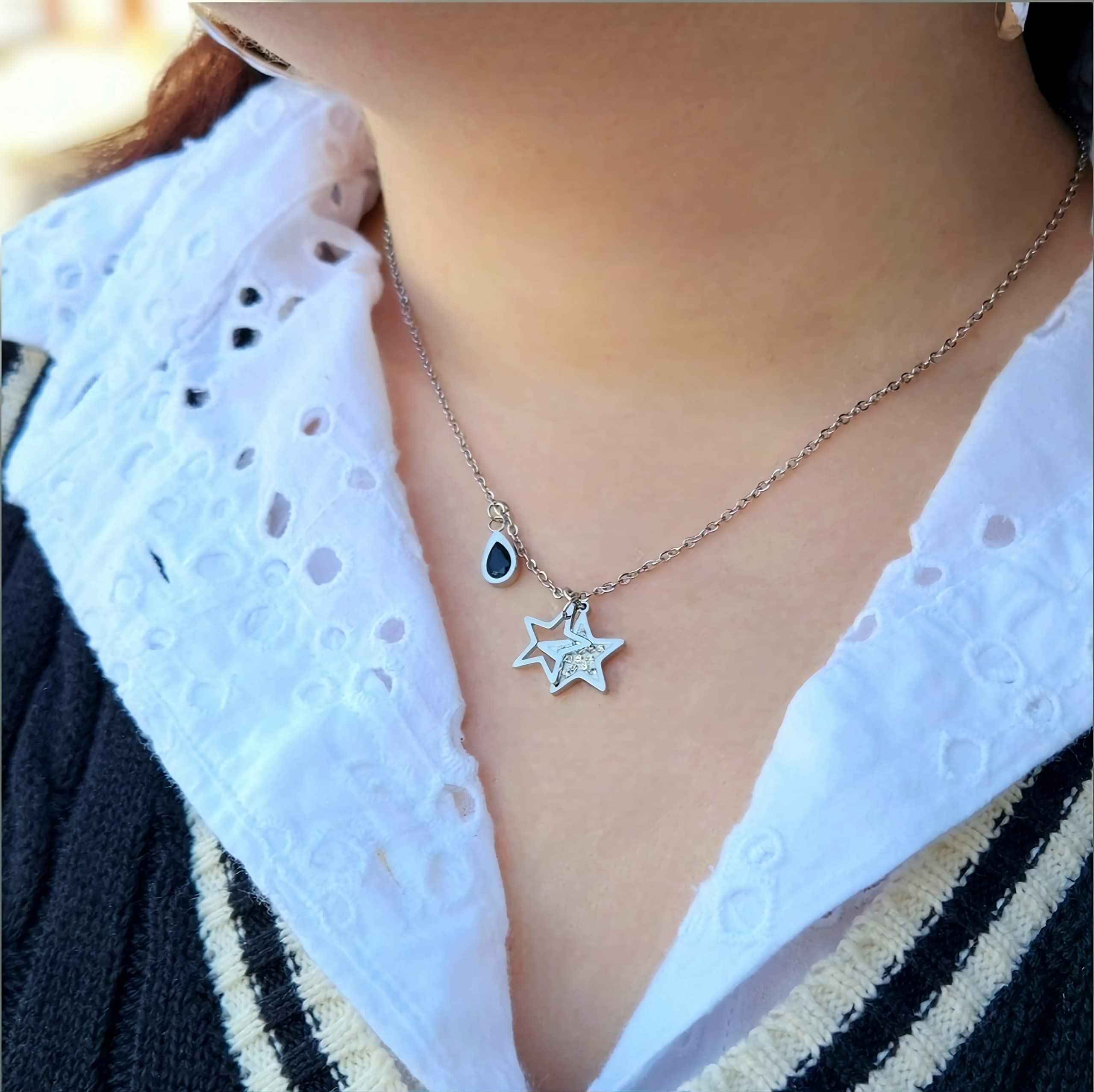 Dainty Stainless Steel Star & Teardrop Charm Necklace - Elegant Layering Pendant for Women, Perfect for Everyday Wear, Date Nights & Gift Giving