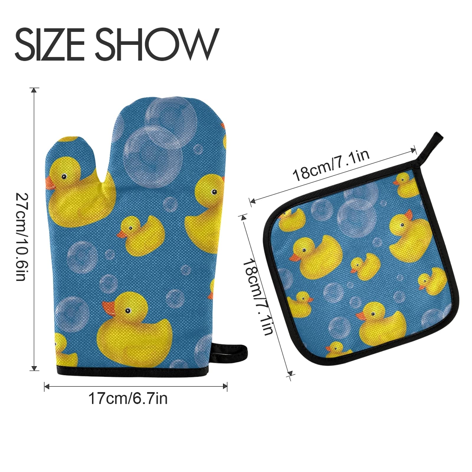 Heat Resistant Yellow Rubber Duck Oven Mitts & Pot Holders Set - Kitchen Cooking Gloves for Baking, Grilling, Microwave - Fun & Safe Kitchen Accessories for Home Chefs