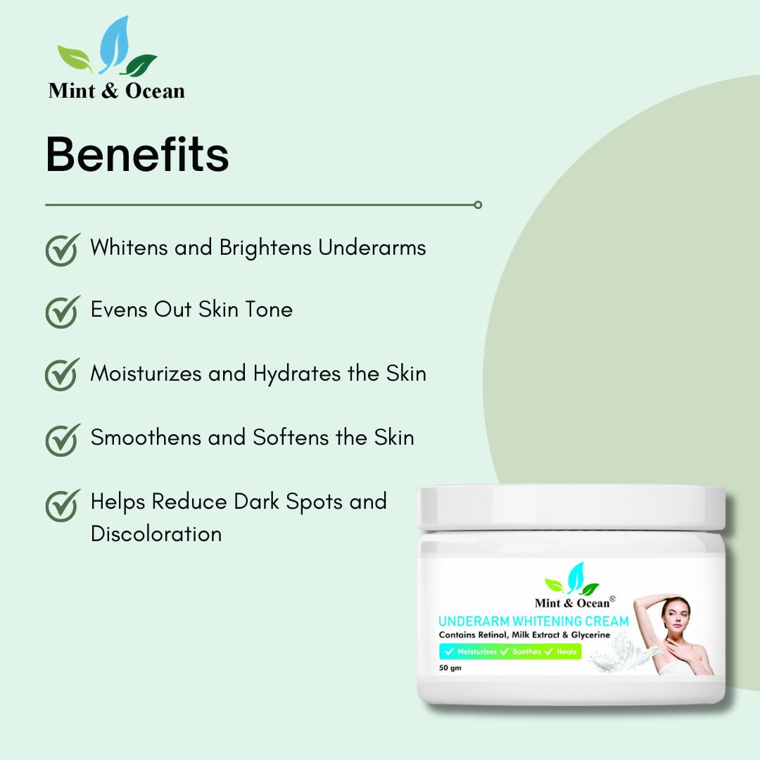Mint & Ocean Underarm Whitening Cream with Retinol & Milk Extracts - Dark Underarm Brightening Treatment - 50g x 2 Pack - Glycerin Formula for Smooth Skin | Perfect for Summer Dresses & Special Occasions