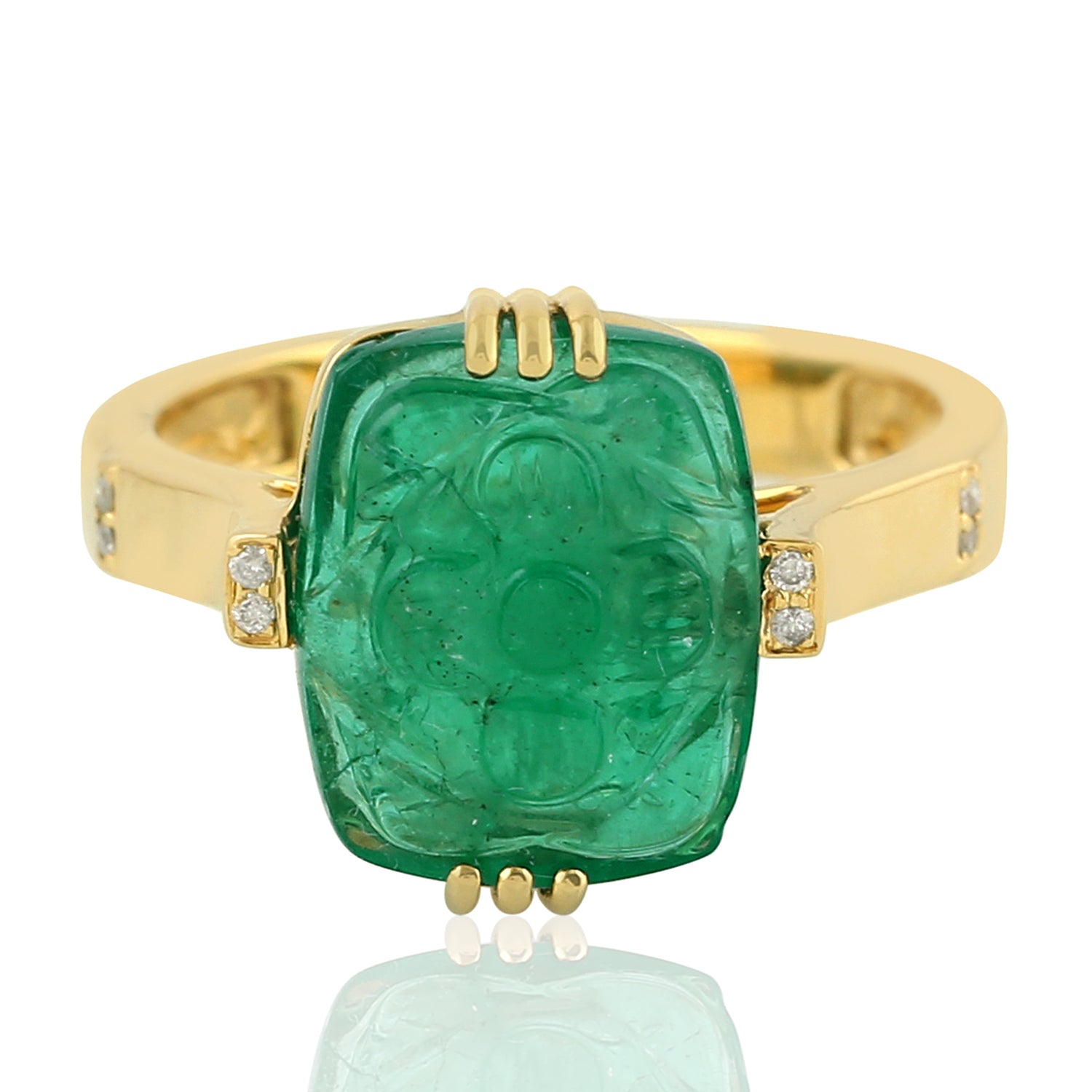 Exquisite Cushion Cut Carved Emerald Diamond Ring in 14K Yellow Gold - Elegant Jewelry Gift for Women, Anniversary, Engagement & Special Occasions