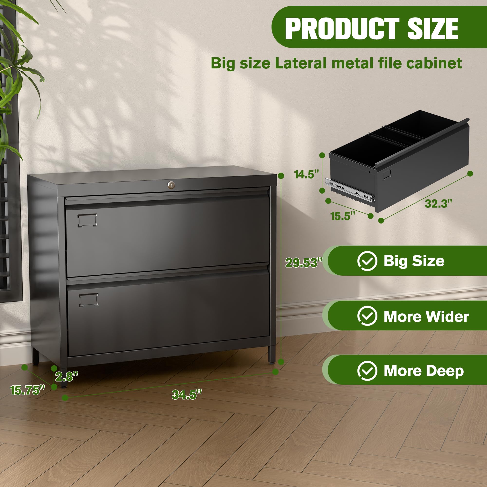 2-Drawer Lateral File Cabinet - Metal Locking Filing Cabinet with Business Card Slot for Letter/Legal/F4/A4 Folders - Black Home Office School Storage Solution - Perfect for Organizing Documents in Small Spaces