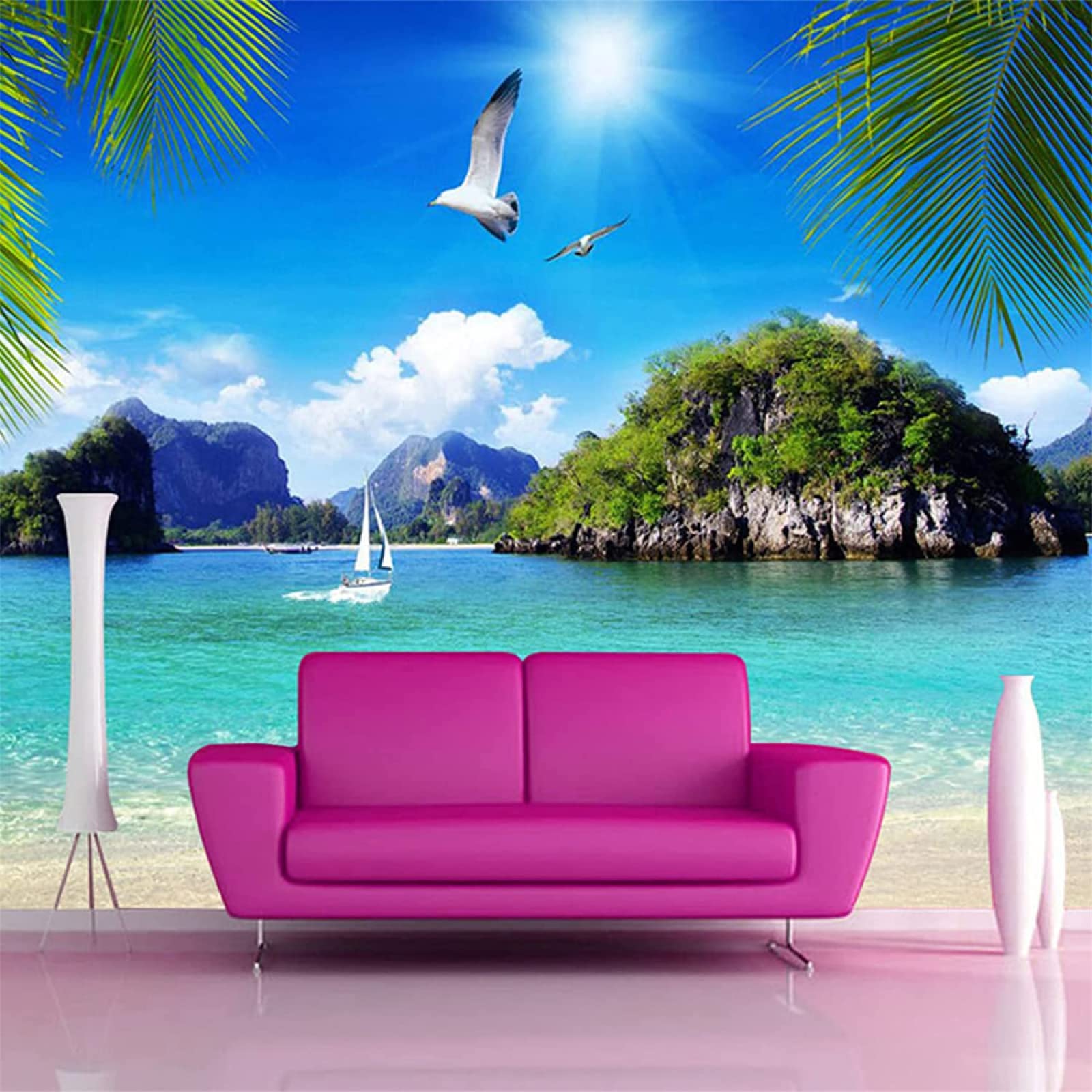 Seascape Beach Wall Mural - Blue Sky White Clouds with Seagulls Island Large Removable Wallpaper - Self-Adhesive Wall Sticker for Living Room Bedroom & Kids Room Decor (144