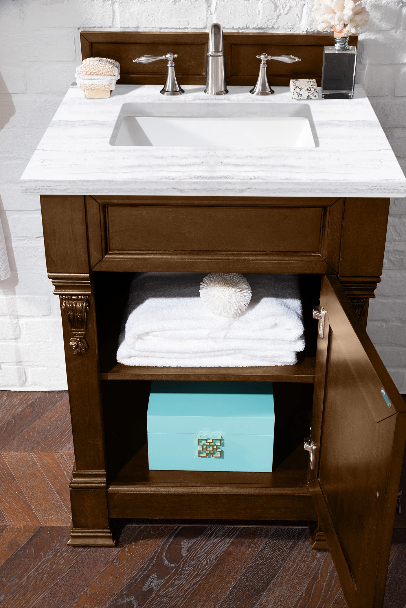 Brookfield 26 Inch Single Bathroom Vanity with Country Oak Finish & 3CM Arctic Fall Solid Surface Top - Perfect for Modern Farmhouse, Rustic, or Traditional Bathroom Decor