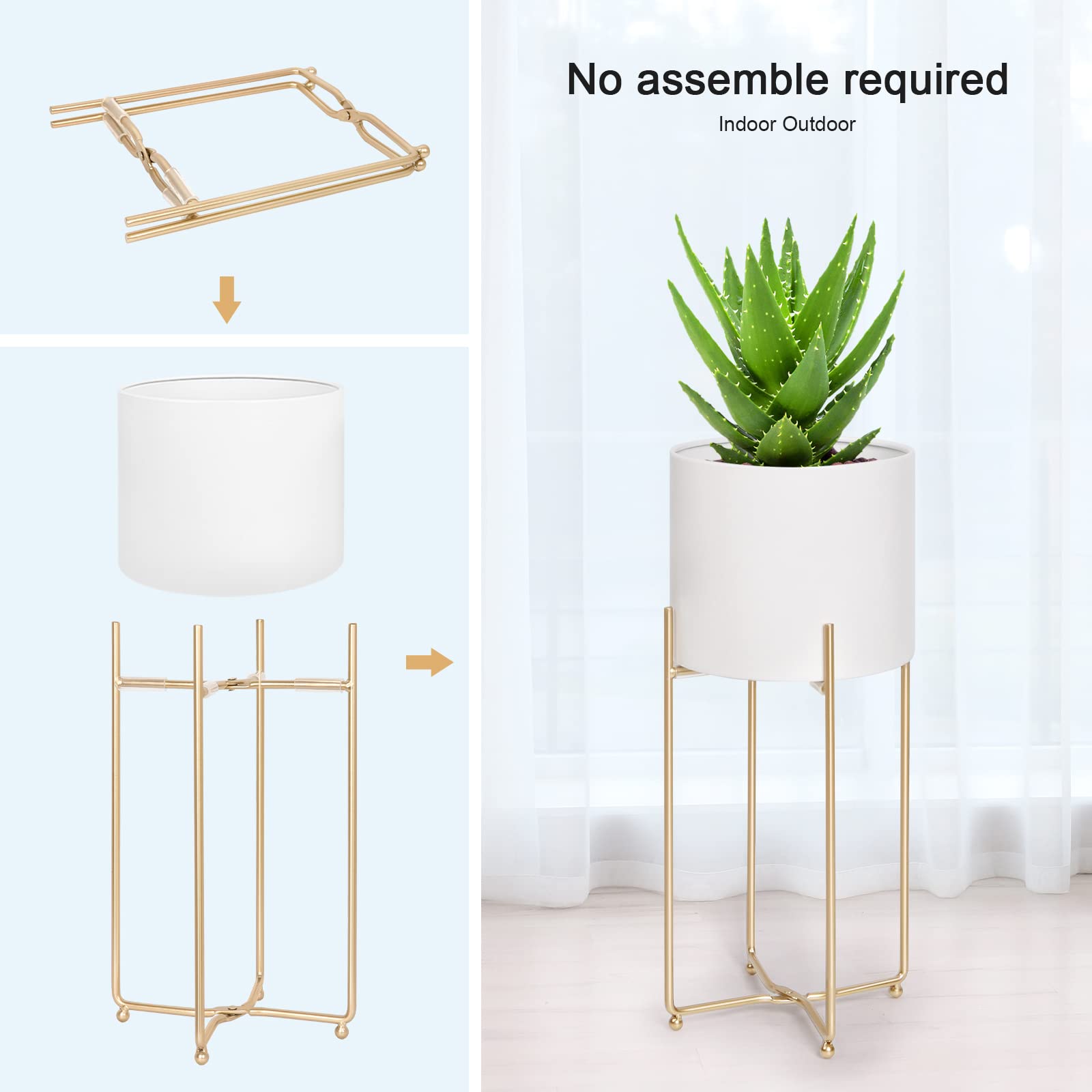 **Elegant White Metal Planters with Gold Stands - Set of 3 Large Indoor Flower Pots for Mid-Century Modern Decor (9/8/7 Inch) - Perfect for Living Room, Corner, Patio & Office Spaces**