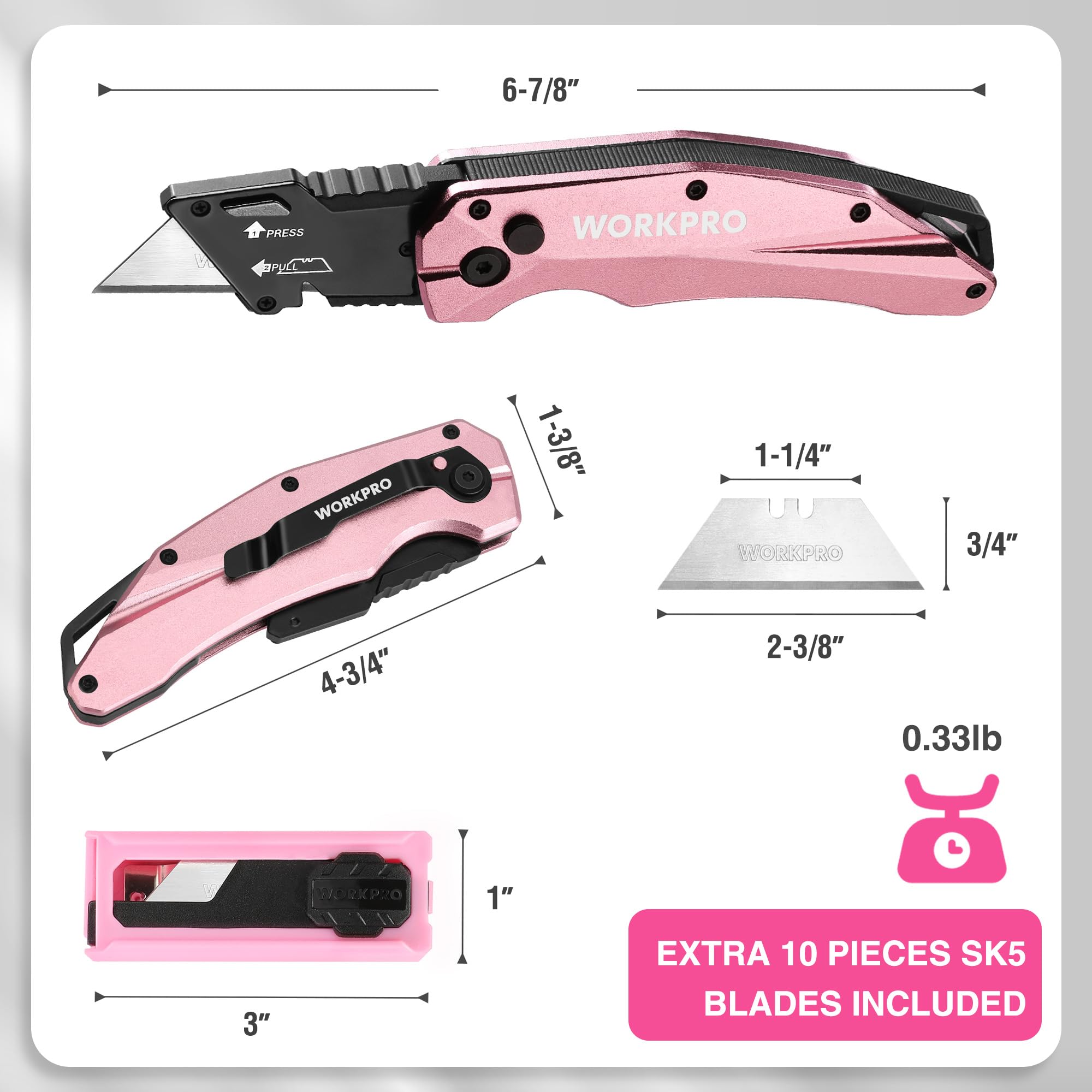 WORKPRO Folding Utility Knife - Quick Change SK5 Box Cutter with Aluminum Handle & 10 Extra Blades - Pink Ribbon Design for Cutting Boxes, Cartons, Cardboard - Perfect for Warehouse, Office, Shipping & Home Use