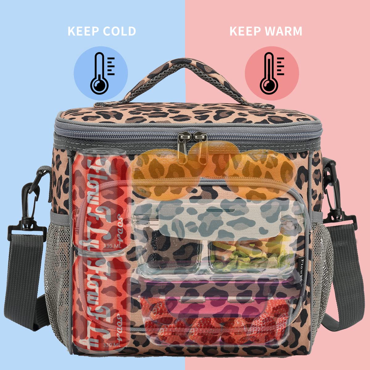 FlowFly Insulated Reusable Lunch Bag for Adults - Large Leopard Print Lunch Box with Adjustable Shoulder Strap, Front Zipper Pocket & Dual Mesh Side Pockets - Perfect for Office, School, Picnics & Travel