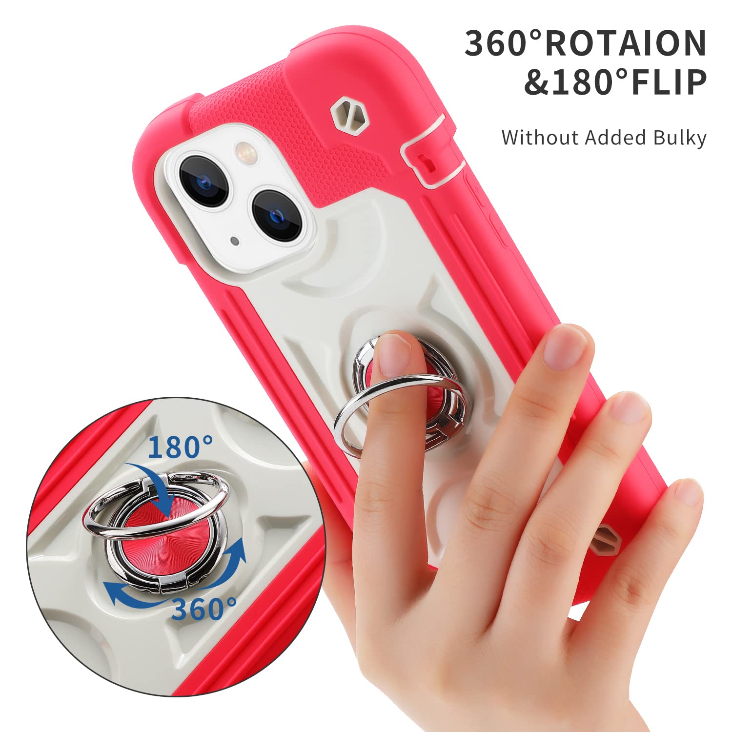 **Shockproof Military Grade iPhone 14/13 Case with Ring Stand, 2-Pack Tempered Glass Screen Protector + Camera Lens Protector - Heavy Duty Rugged Cover (Hot Pink) - Perfect for Outdoor, Travel & Daily Protection**