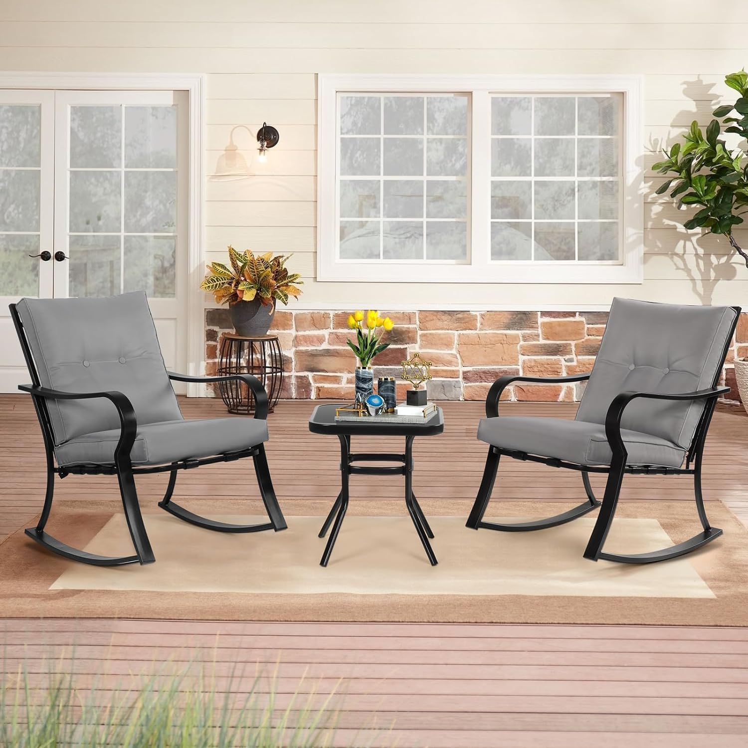 SUNCROWN Outdoor 3-Piece Rocking Chair Set - Black Steel Patio Furniture with Thickened Cushions & Glass-Top Coffee Table, Grey - Perfect for Garden, Porch, Backyard & Poolside Relaxation