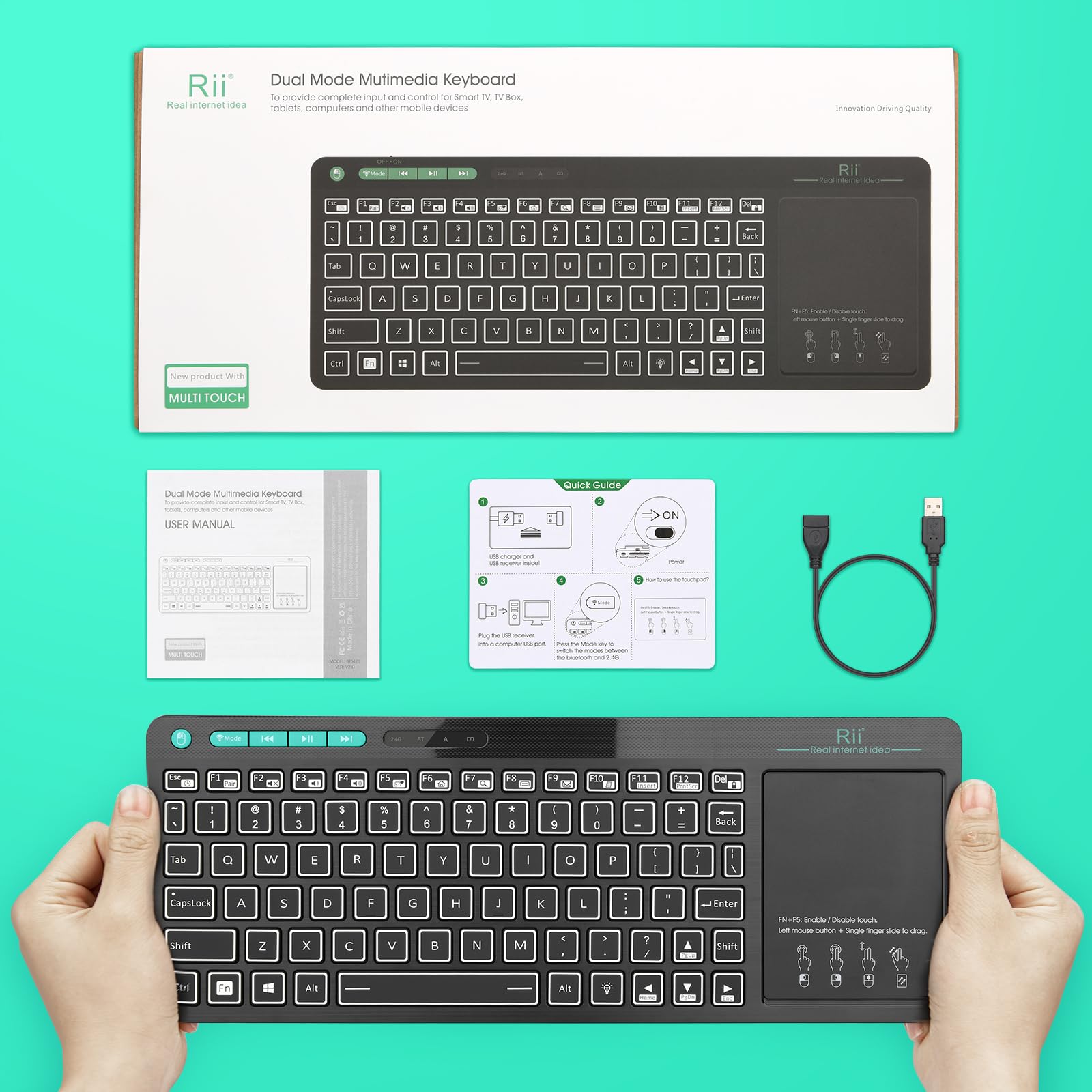 Rii Wireless Bluetooth Keyboard with Touchpad & LED Backlight - Rechargeable Big Trackpad Keyboard for Android TV Box, Smart TV, Xbox, Raspberry Pi, PC, Tablet, HTPC | Compatible with Android, Windows, macOS | Perfect for Home Entertainment & Office Work