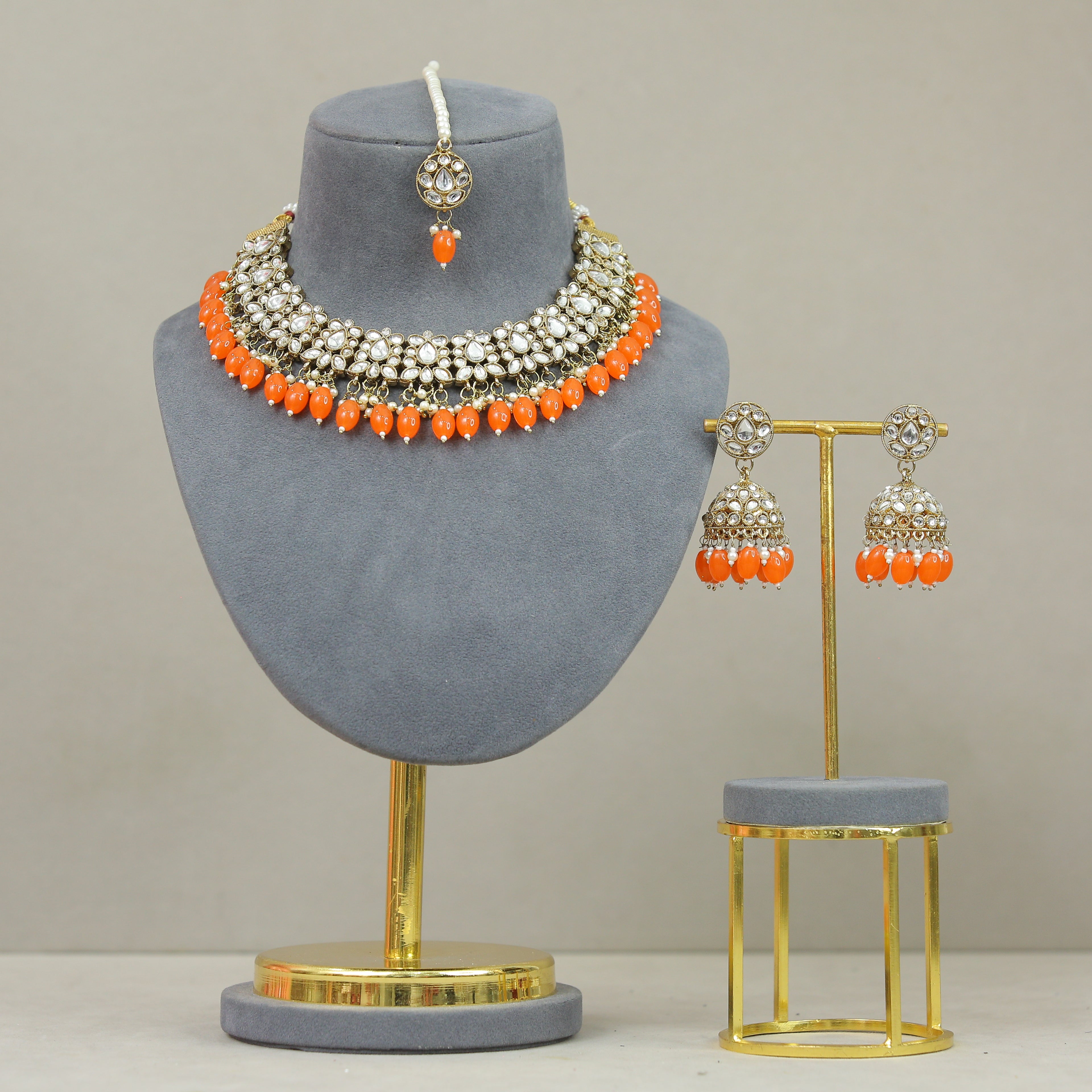Esha Polki Full Set Jewelry - Traditional Indian Kundan Necklace, Earrings & Bracelet Set for Weddings, Parties & Festive Occasions