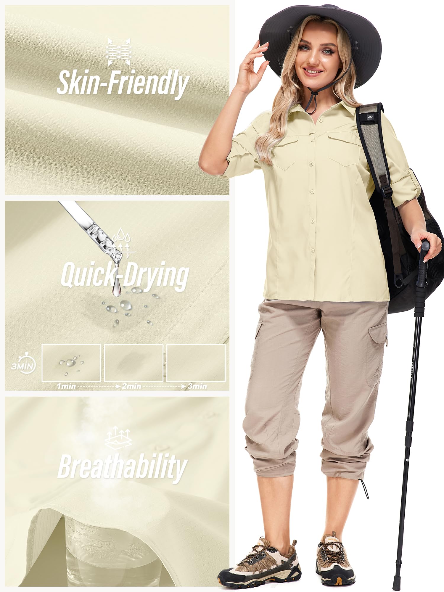 UPF50+ Sun Protection Fishing Shirts for Women & Men - Long Sleeve Travel & Work Shirts with Zipper Pockets - Perfect for Safari, Hiking, Beach & Outdoor Activities